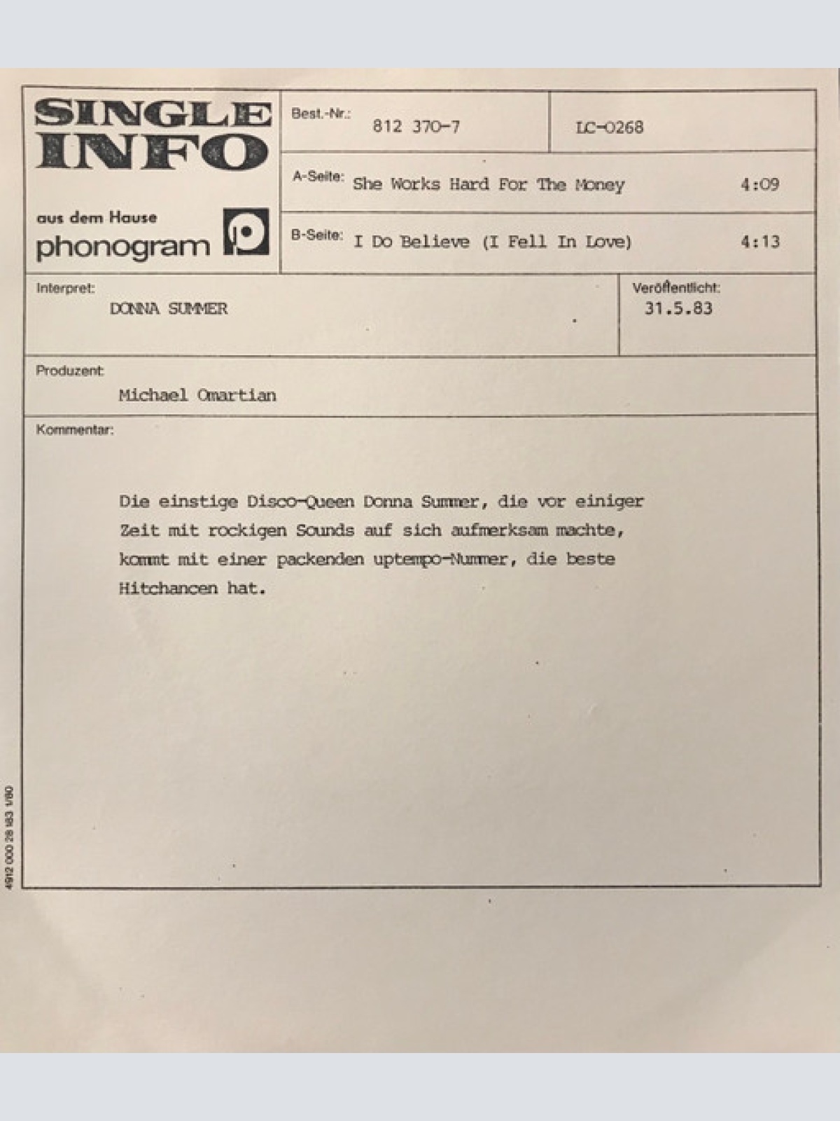 Vinyl / Donna Summer - She Works Hard For The Money