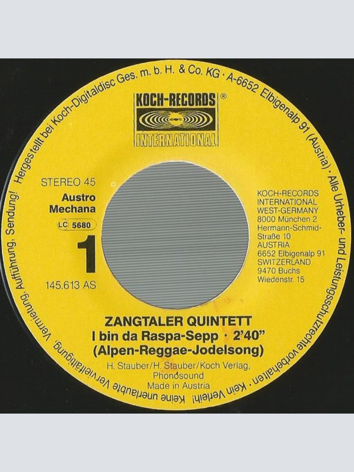 Vinyl / Zangtaler Quintett - I Bin Da Raspa-Sepp (Alpen-Reggae-Jodelsong)