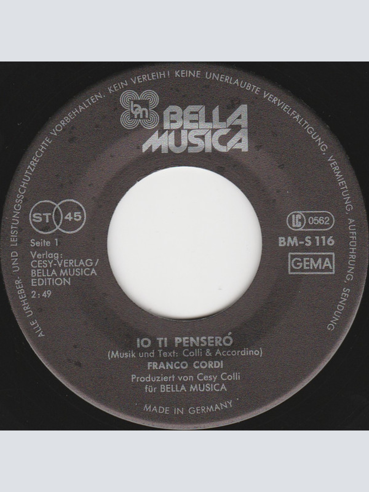 Vinyl / Franco Cordi - Io Ti Penserò