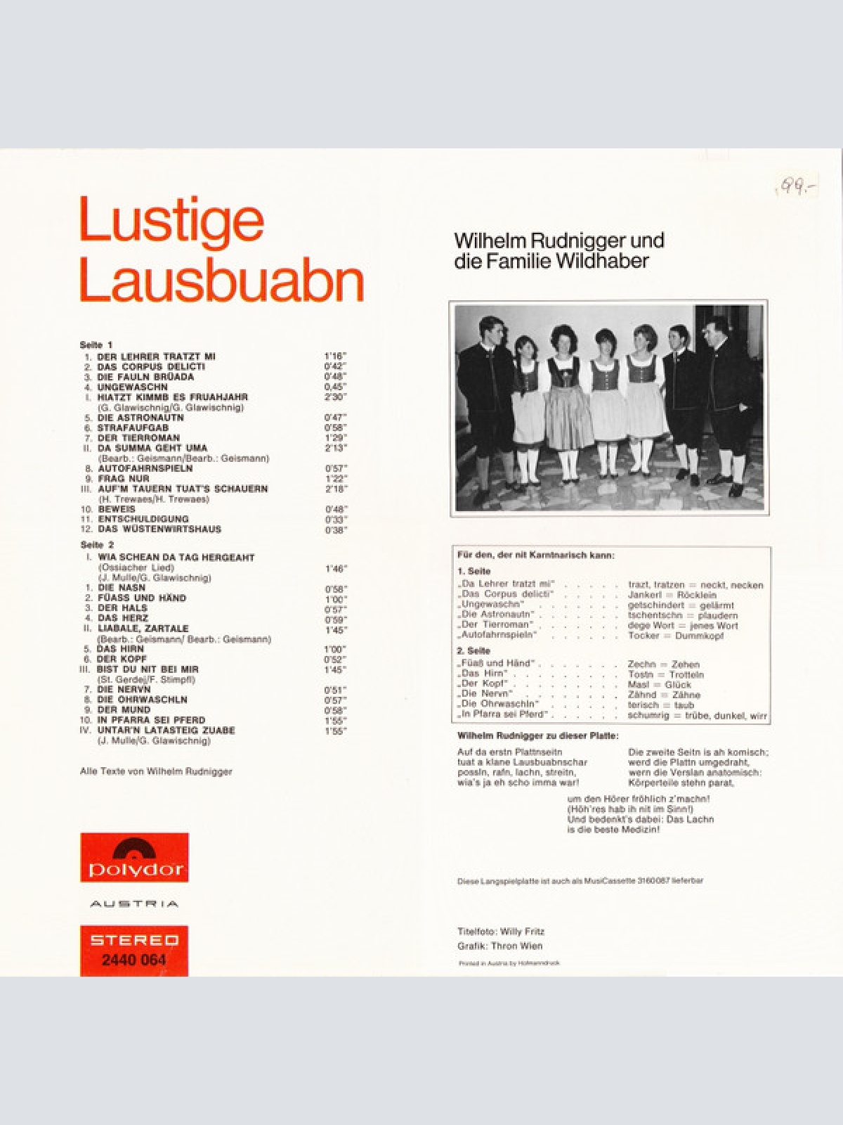Vinyl / Wilhelm Rudnigger Und Fam. Wildhaber* - Lustige Lausbuabn