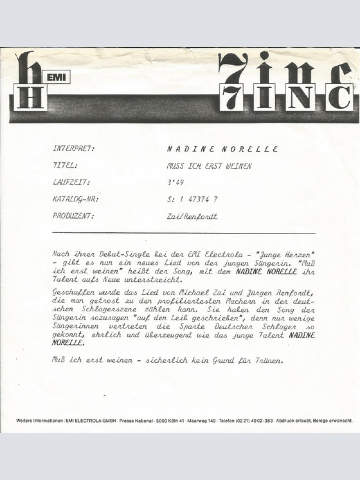 Vinyl / Nadine Norelle* - Muss Ich Erst Weinen?