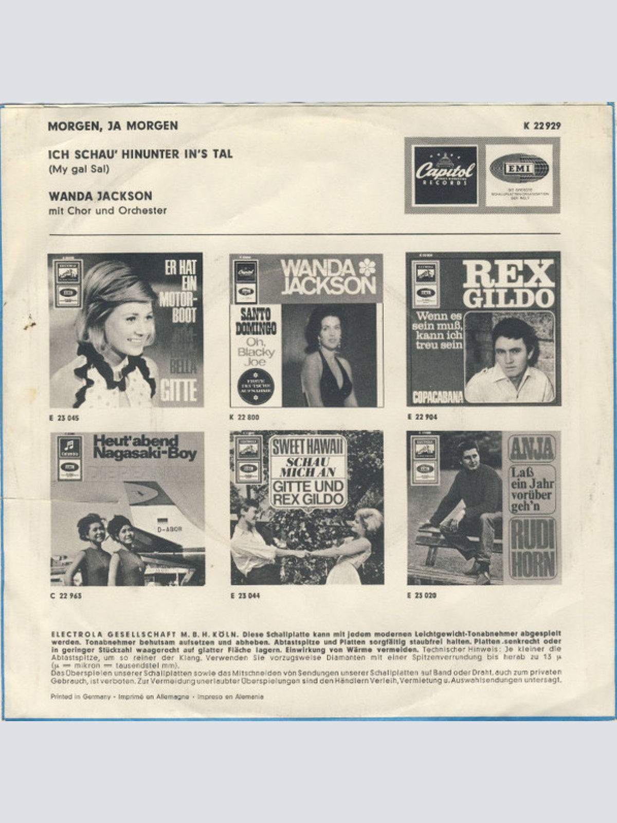 Vinyl / Wanda Jackson - Morgen, Ja Morgen / Ich Schau' Hinunter In's Tal