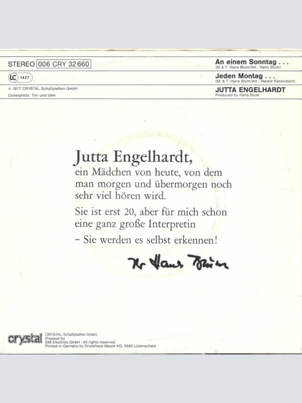 Vinyl / Jutta Engelhardt - An Einem Sonntag Im Sommer