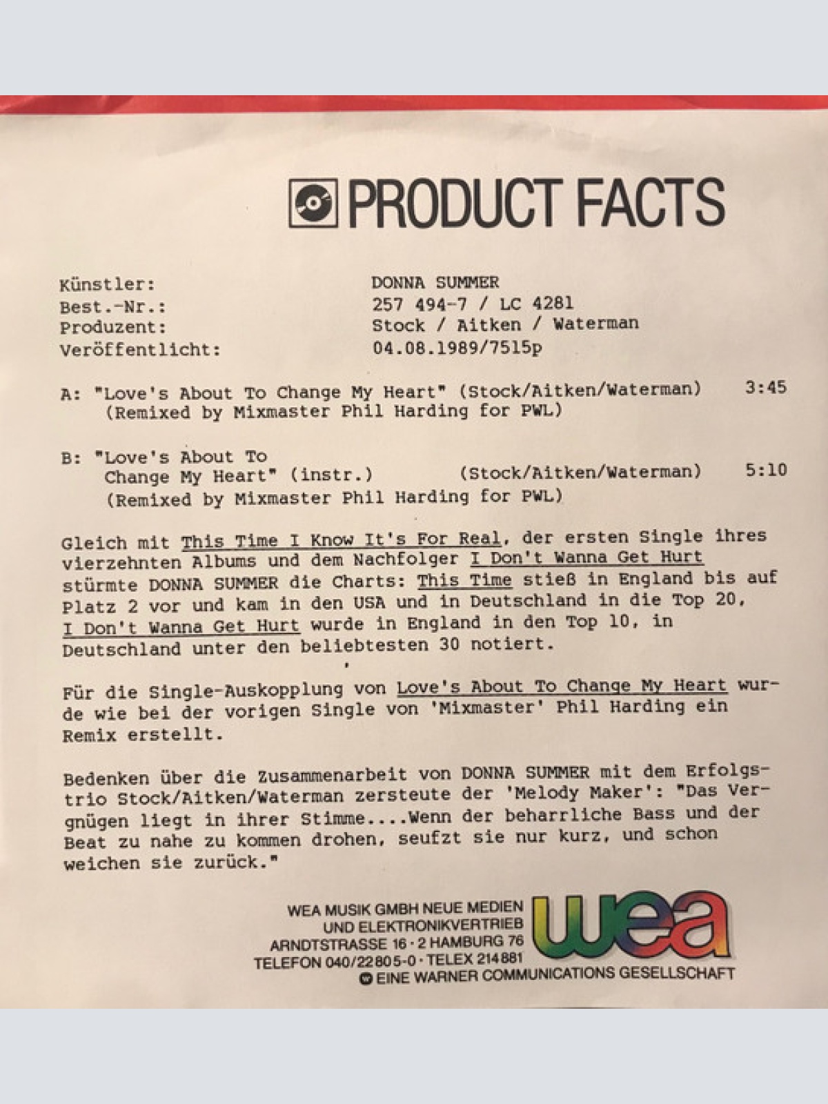 Vinyl / Donna Summer - Love's About To Change My Heart