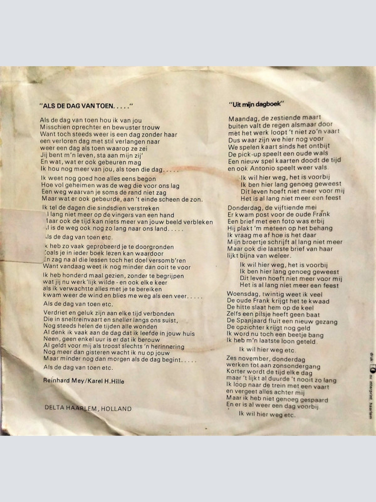 Vinyl / Reinhard Mey - Als De Dag Van Toen / Uit Mijn Dagboek