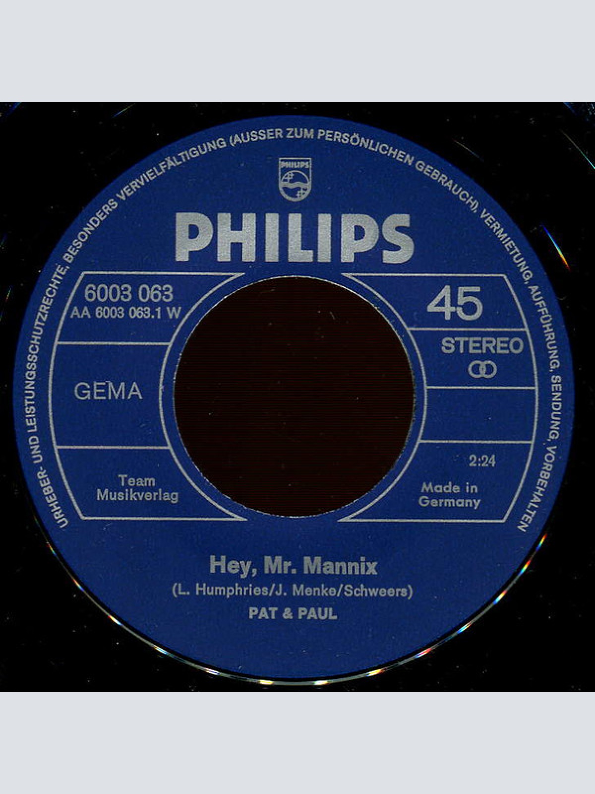 Vinyl / Pat & Paul - Hey, Mr. Mannix / Tennessee Choo-Choo