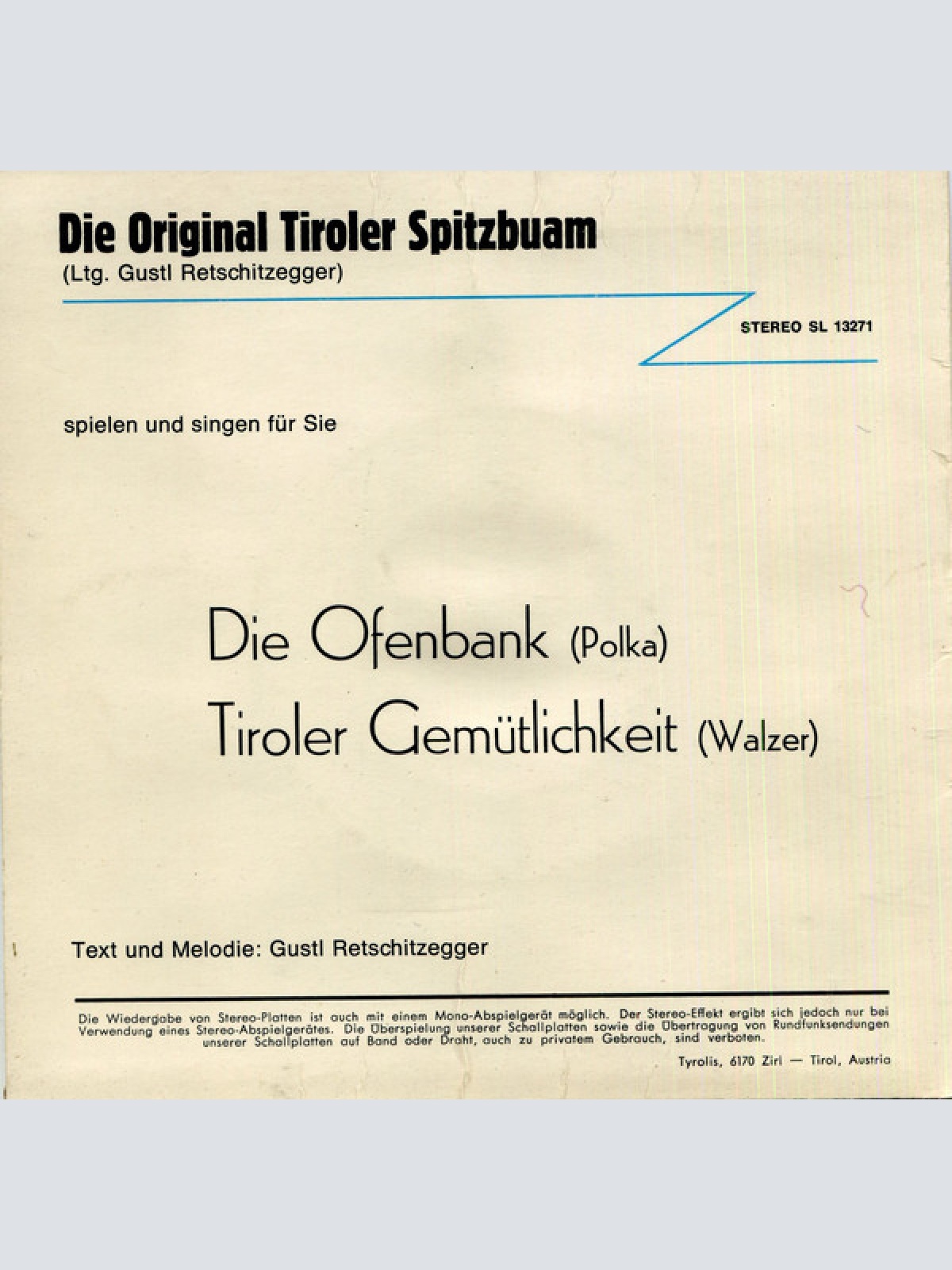 Vinyl / Die Original Tiroler Spitzbuam* - Die Ofenbank