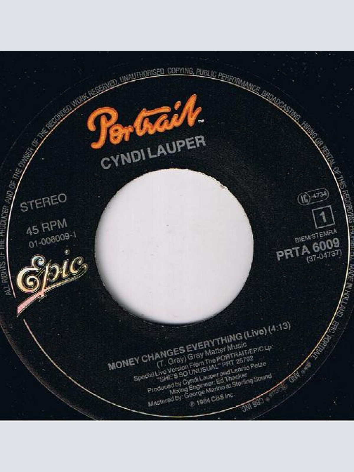 Vinyl / Cyndi Lauper - Money Changes Everything (Live)