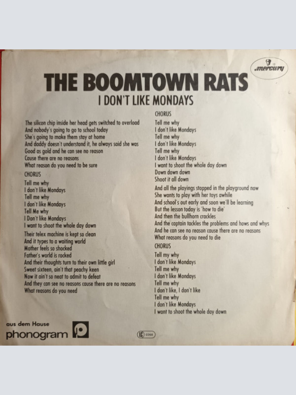 Vinyl / The Boomtown Rats - I Don't Like Mondays