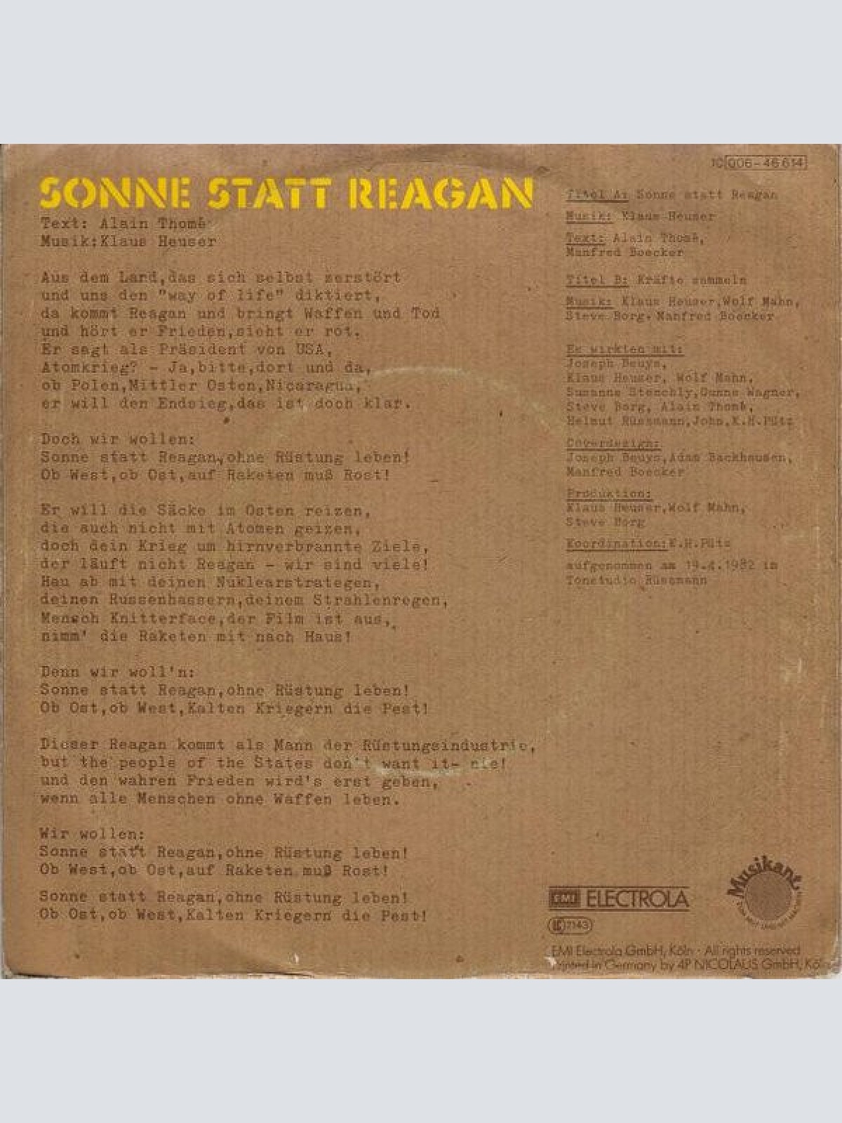 Vinyl / Joseph Beuys - Sonne Statt Reagan