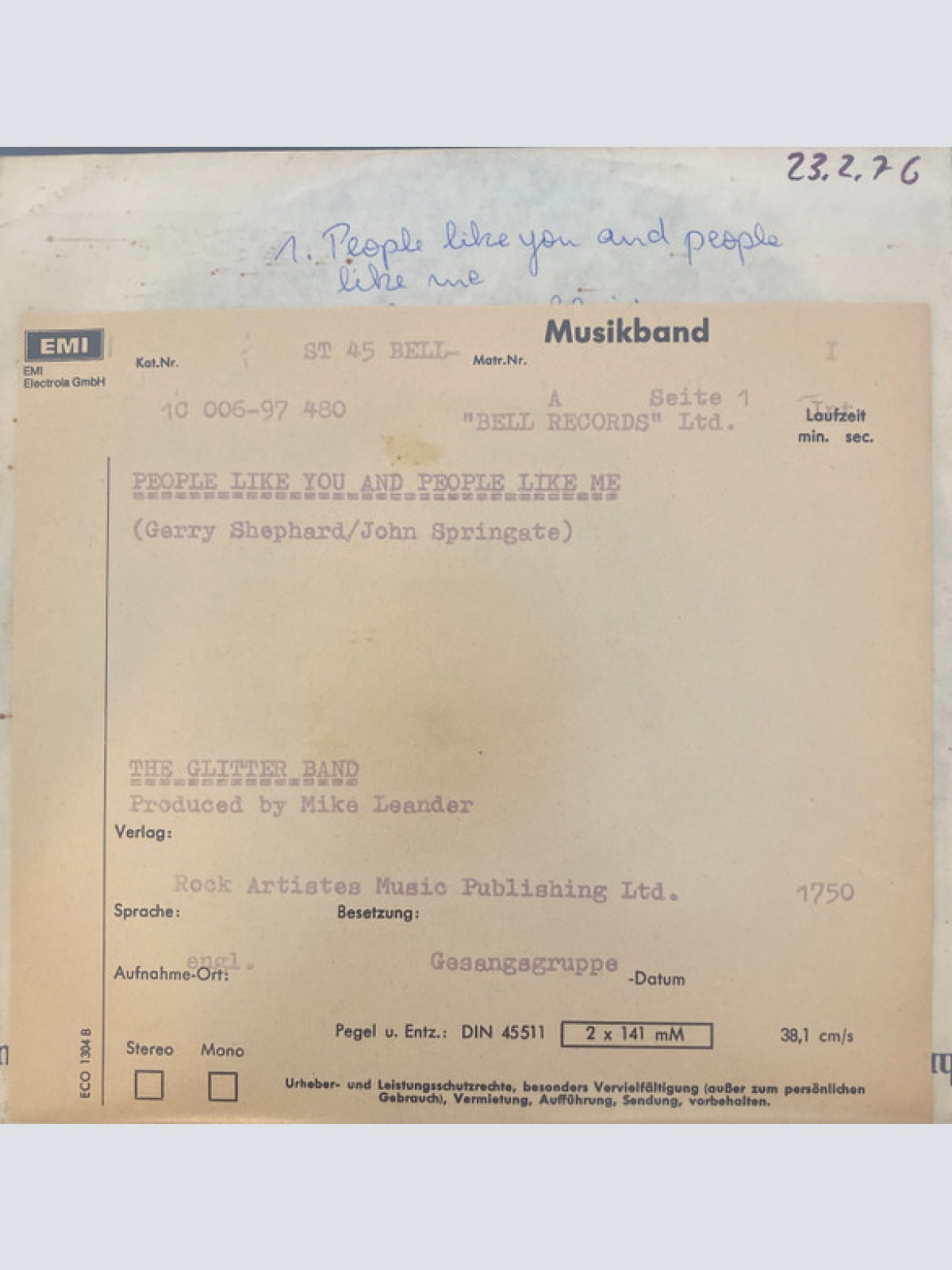 Vinyl / The Glitter Band - People Like You And People Like Me