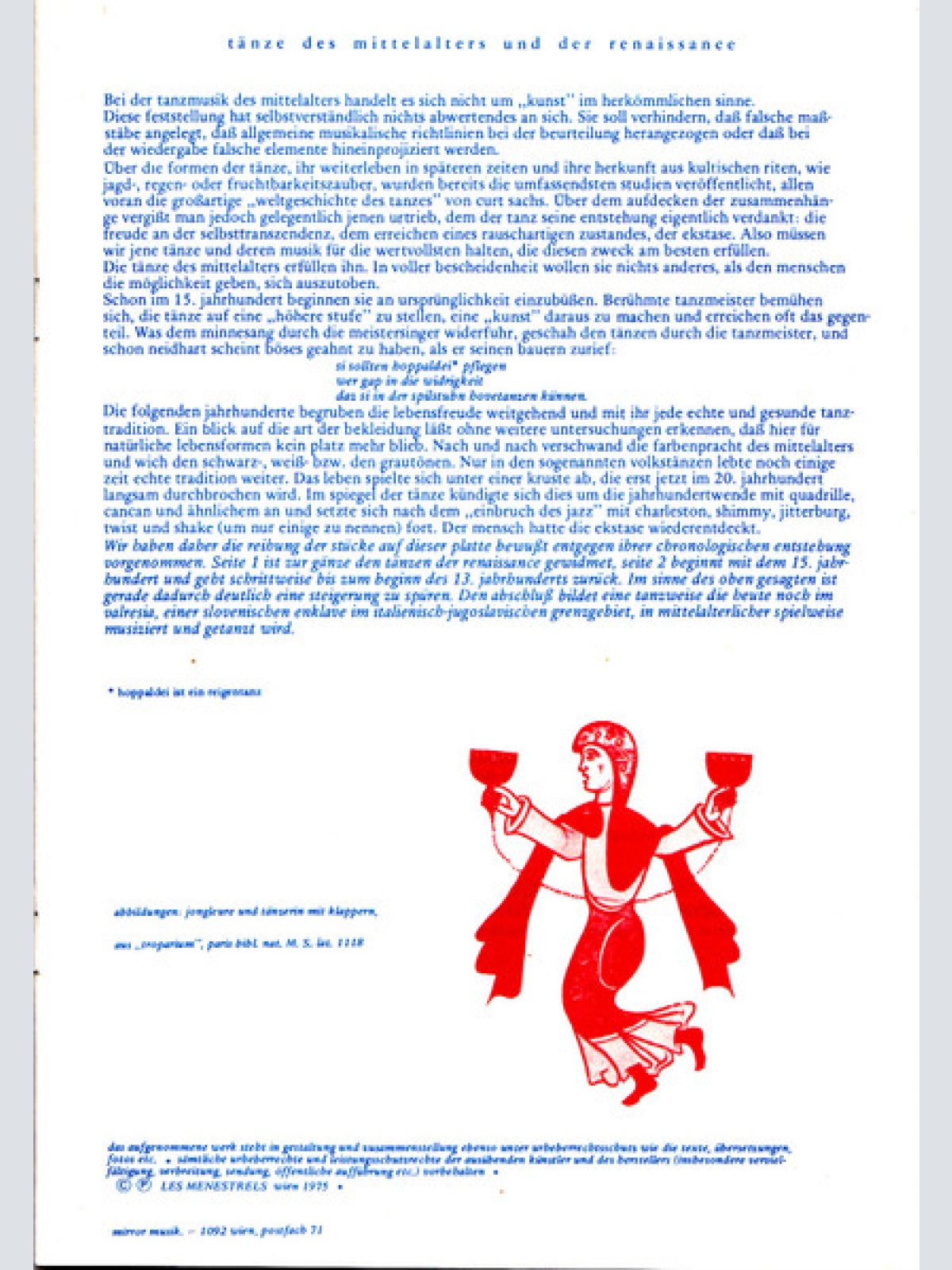Vinyl / Les Menestrels - Einladung Zum Tanz = Invitation To Dance = Invitation A La Danse = Invito Al Ballo (Tänze Des Mittelalters Und Der Renaissance Auf Originalen Instrumenten = Medieval And Renaissance Dances Played On Original Instruments)