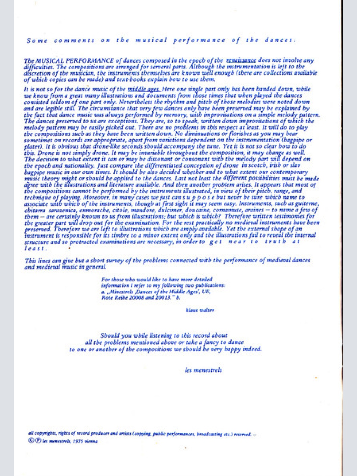 Vinyl / Les Menestrels - Einladung Zum Tanz = Invitation To Dance = Invitation A La Danse = Invito Al Ballo (Tänze Des Mittelalters Und Der Renaissance Auf Originalen Instrumenten = Medieval And Renaissance Dances Played On Original Instruments)