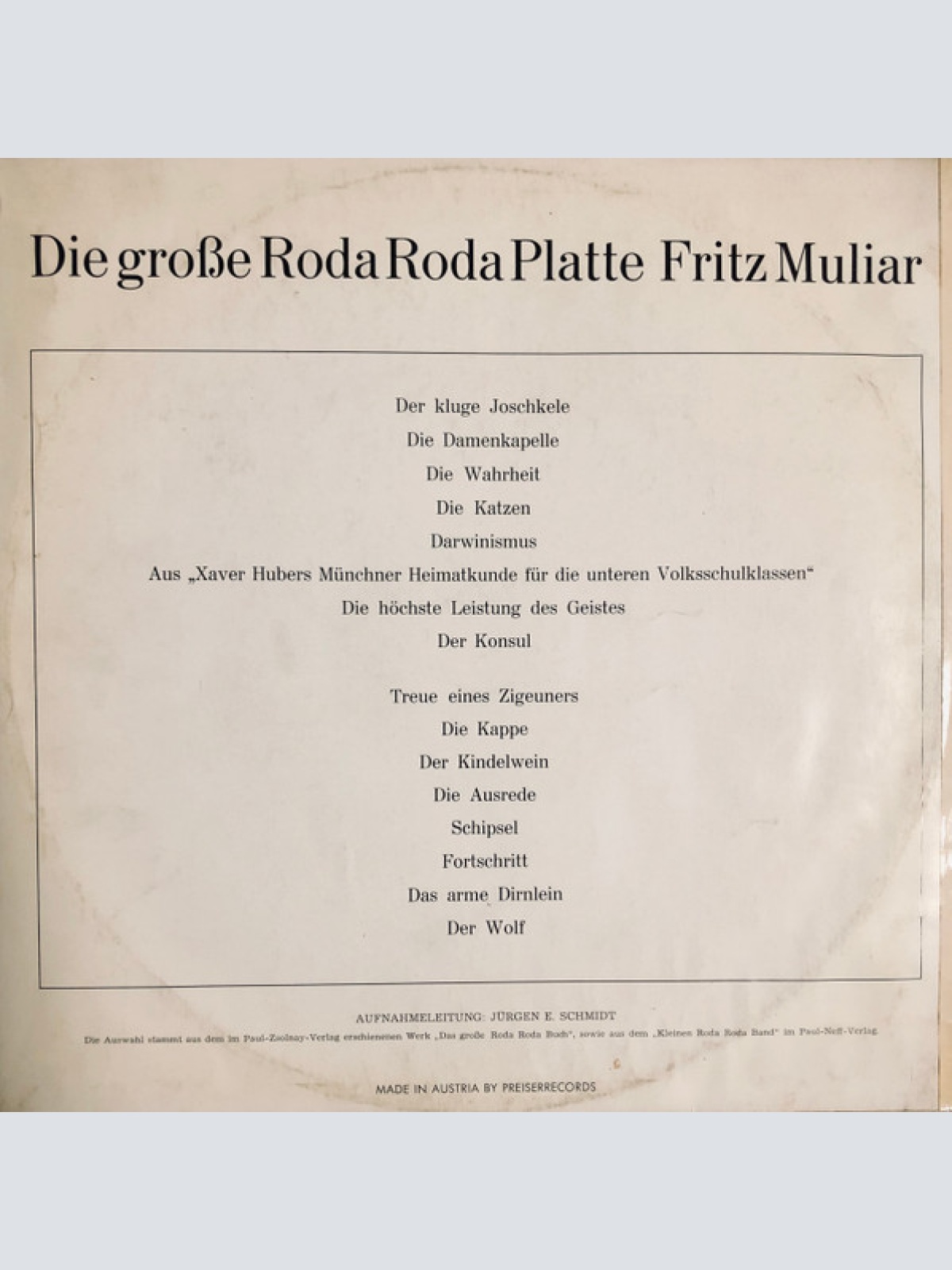 Vinyl / Fritz Muliar - Die Große Roda Roda Platte