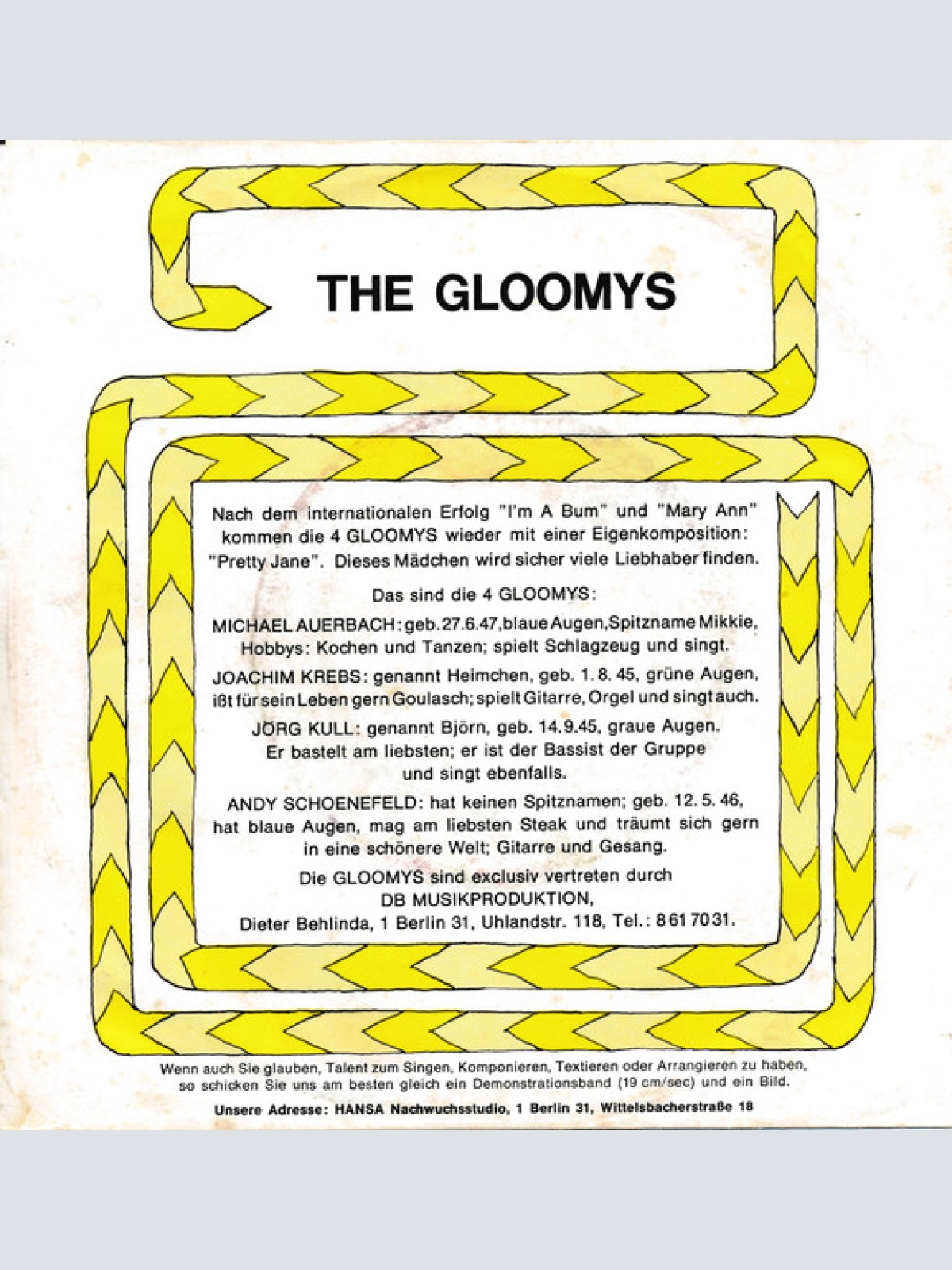 Vinyl / The Gloomys - Pretty Jane / In My Dreams