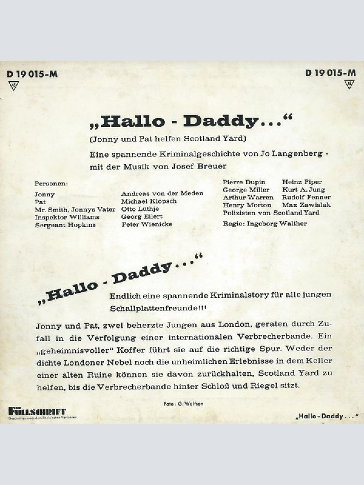 Vinyl / Jo Langenberg - Hallo Daddy... (Jonny Und Pat Helfen Scotland Yard)