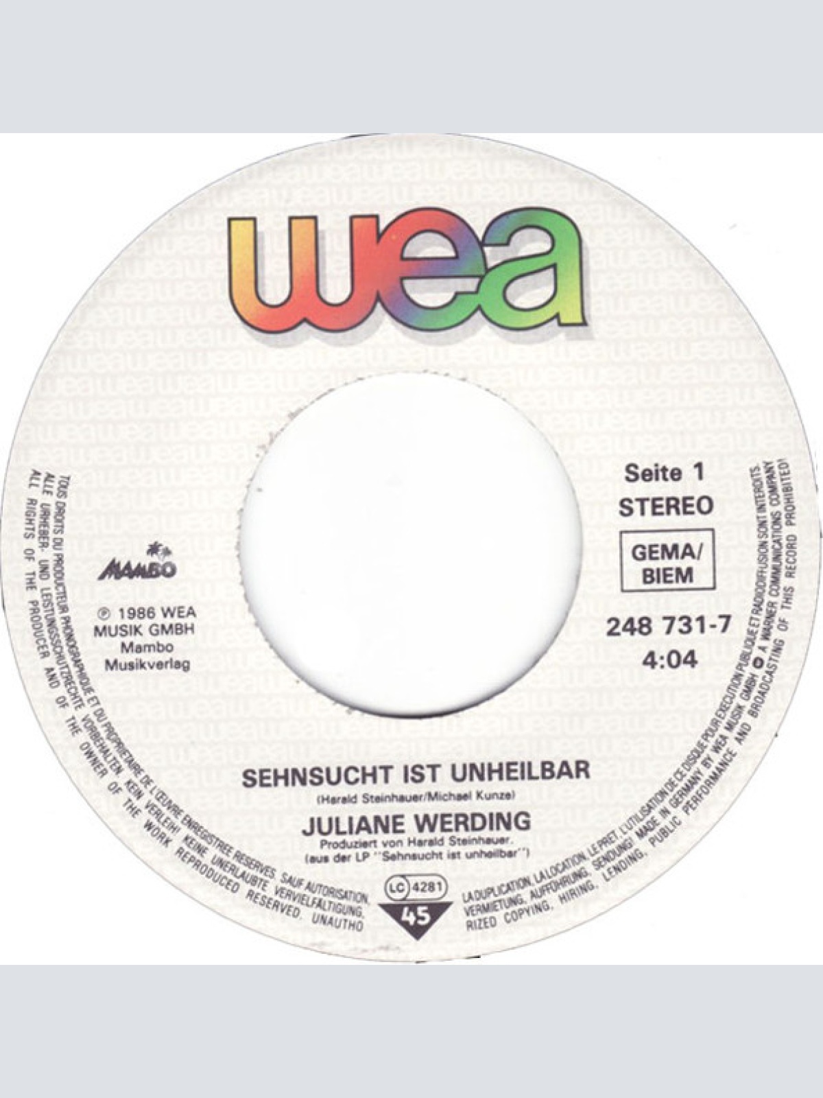 Vinyl / Juliane Werding - Sehnsucht Ist Unheilbar