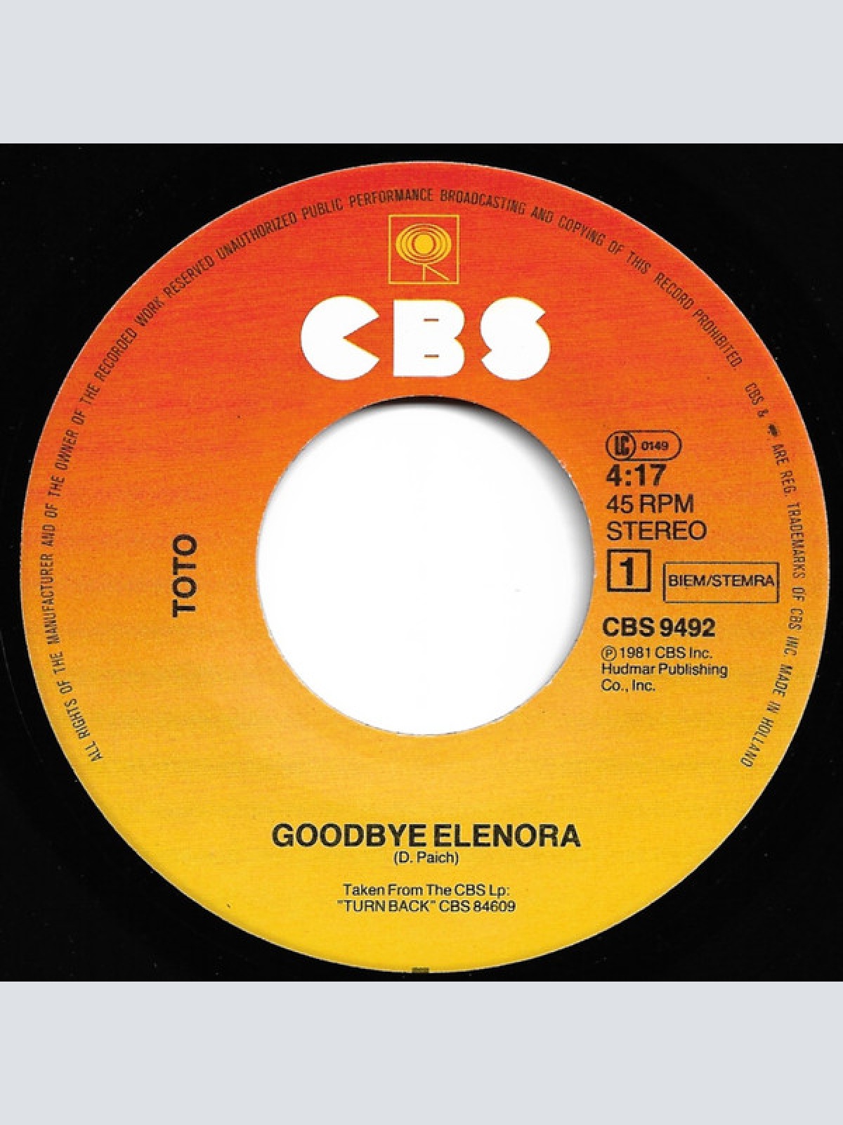 Vinyl / Toto - Goodbye Elenore