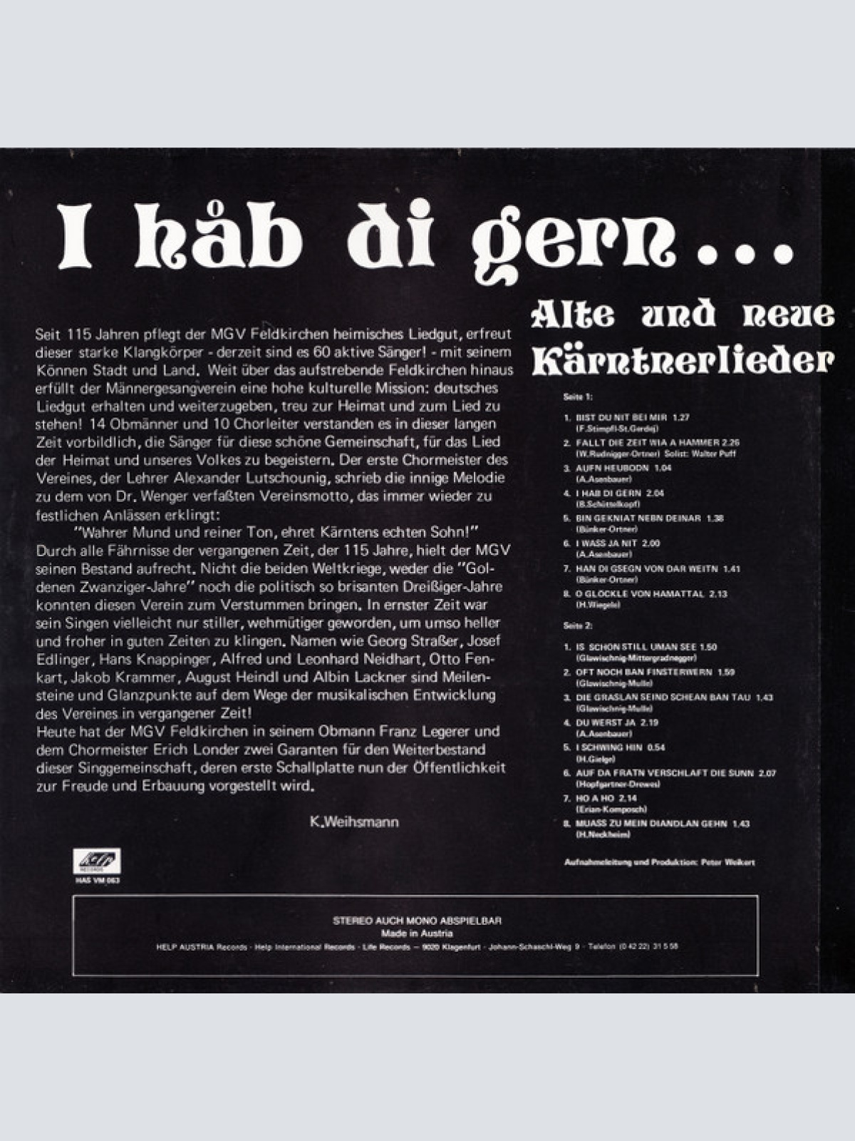 Vinyl / MGV Feldkirchen* - I Hab Di Gern... Alte Und Neue Kärntnerlieder