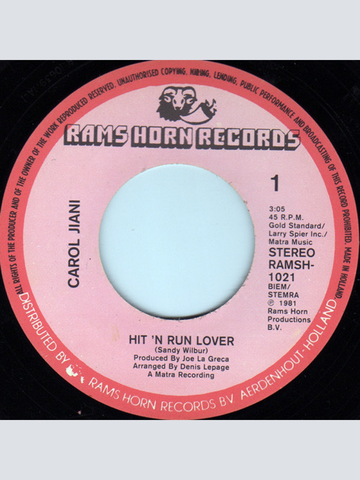 Vinyl / Carol Jiani - Hit 'N Run Lover