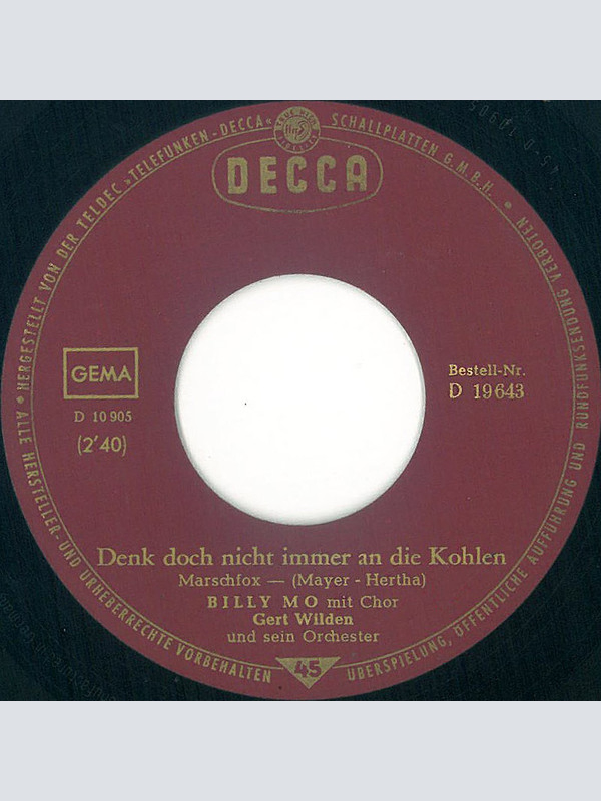 Vinyl / Billy Mo - Denk Doch Nicht Immer An Die Kohlen