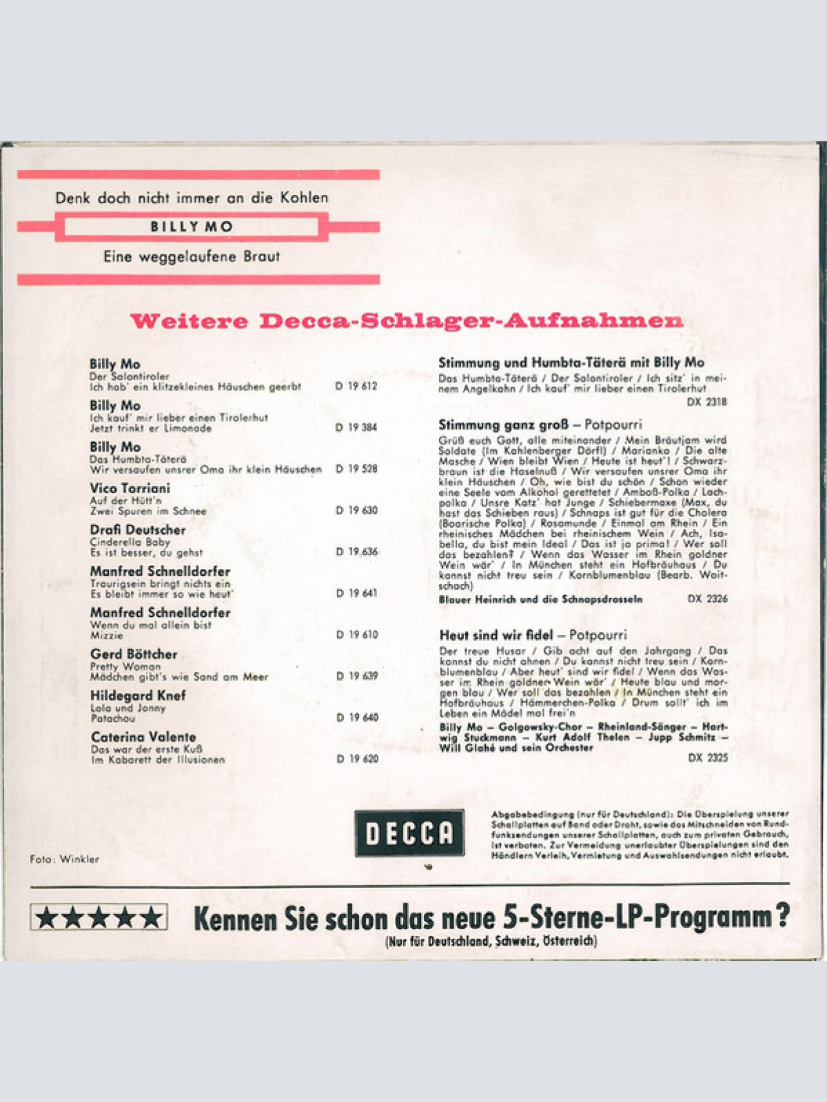 Vinyl / Billy Mo - Denk Doch Nicht Immer An Die Kohlen