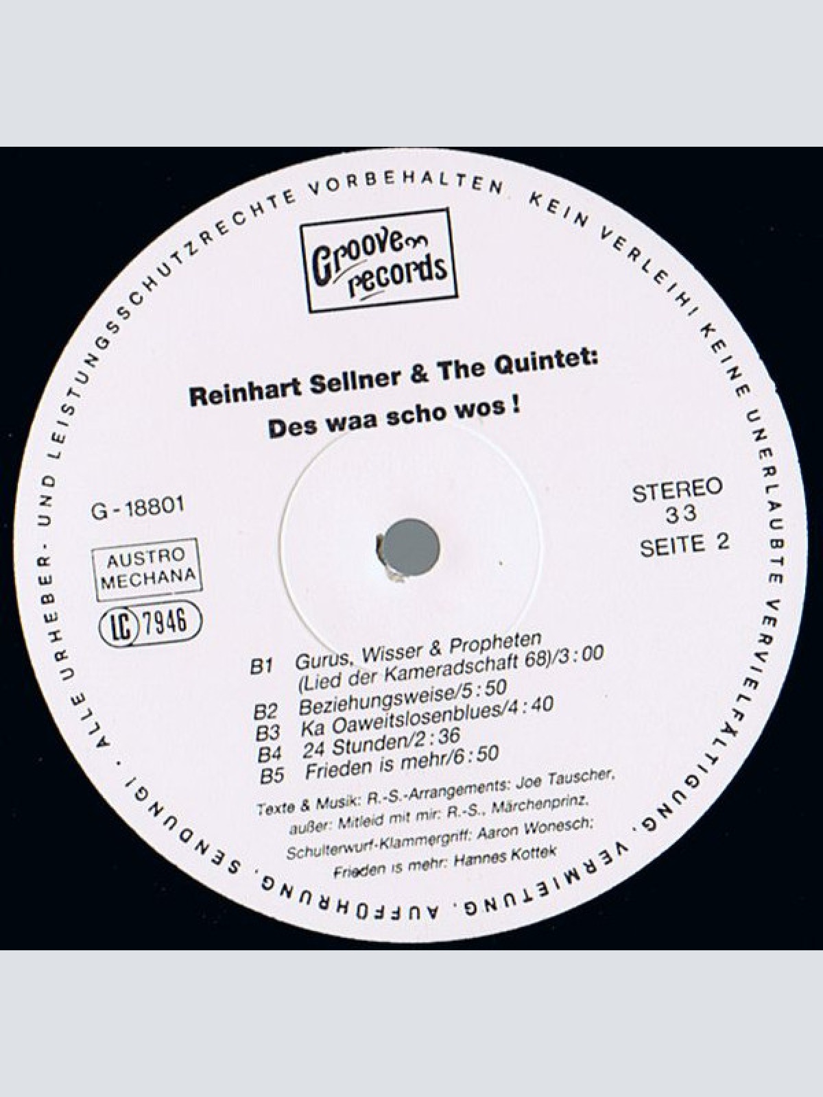 Vinyl / Reinhart Sellner & The Quintet - Des Waa Scho Wos!