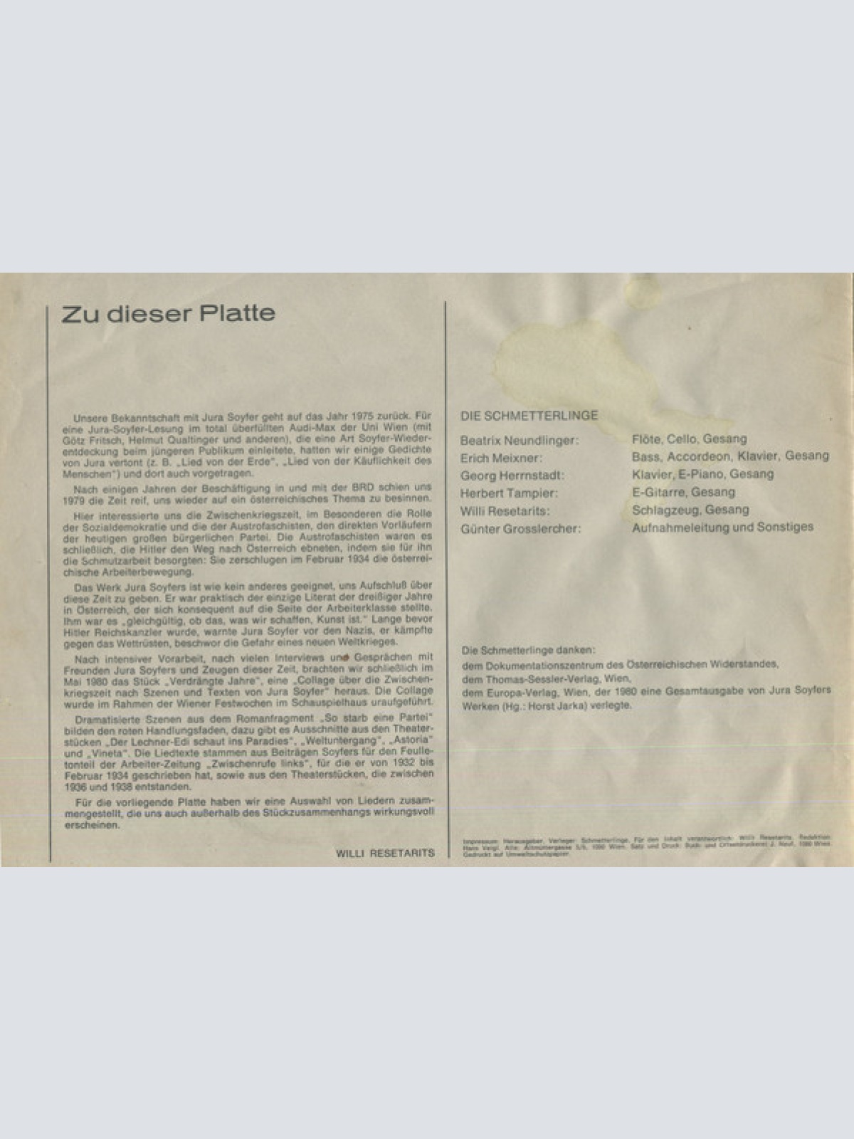 Vinyl / Jura Soyfer / Schmetterlinge - Verdrängte Jahre