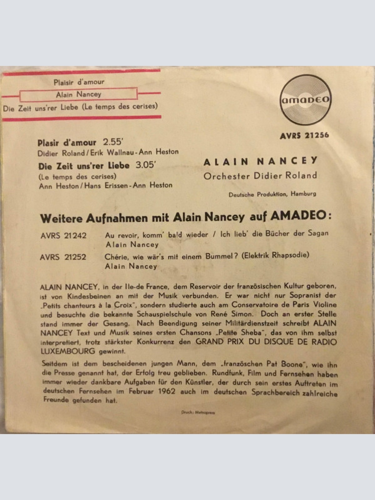 Vinyl / Alain Nancey, Orchester Didier Roland - Plaisir D‘Amour