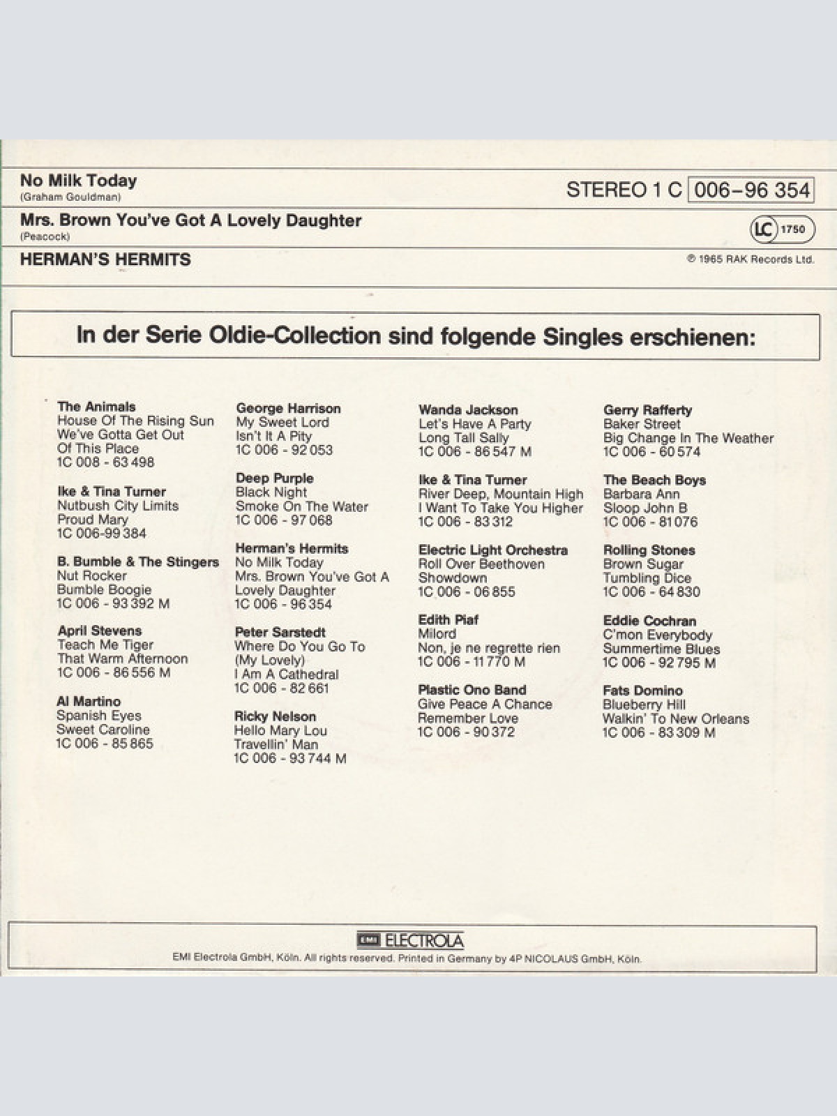 Vinyl / Herman's Hermits - No Milk Today / Mrs. Brown You've Got A Lovely Daughter