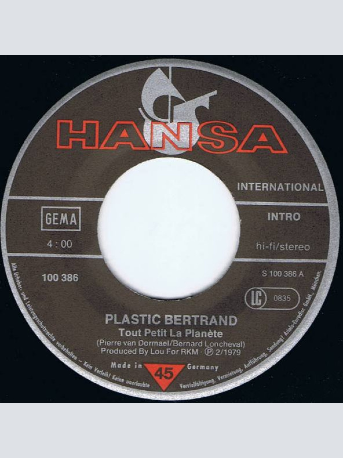 Vinyl / Plastic Bertrand - Tout Petit La Planète / J'te Fais Un Plan
