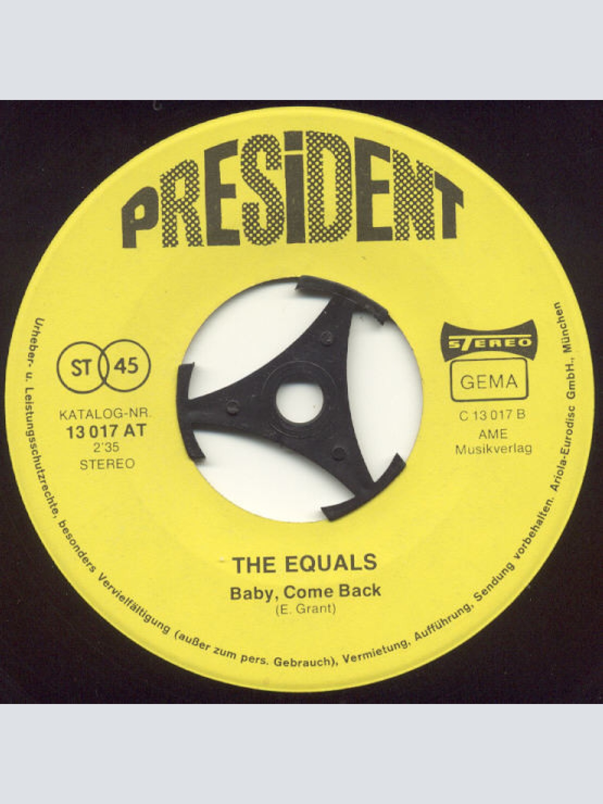 Vinyl / The Equals - I Won't Be There / Baby, Come Back