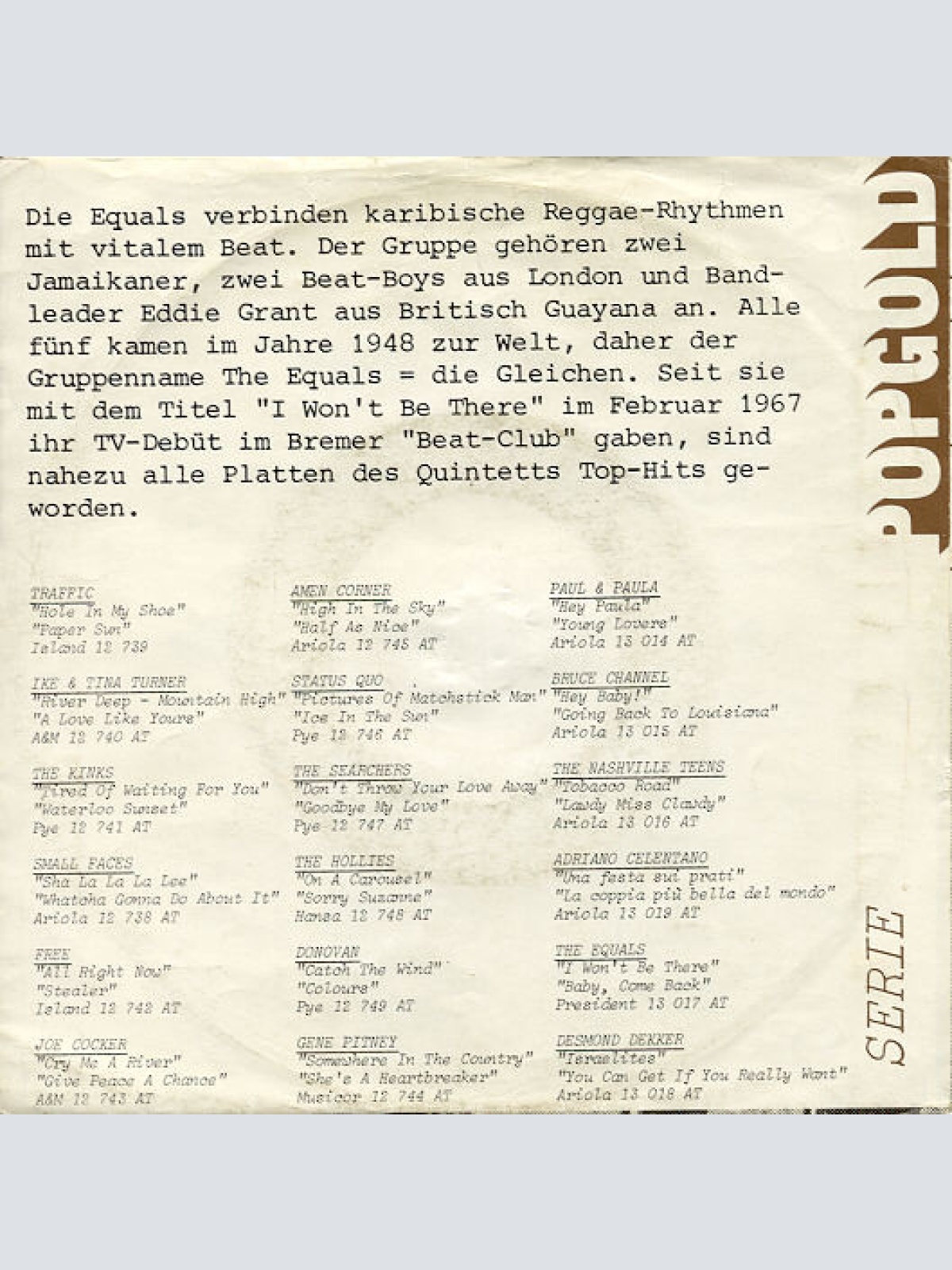 Vinyl / The Equals - I Won't Be There / Baby, Come Back