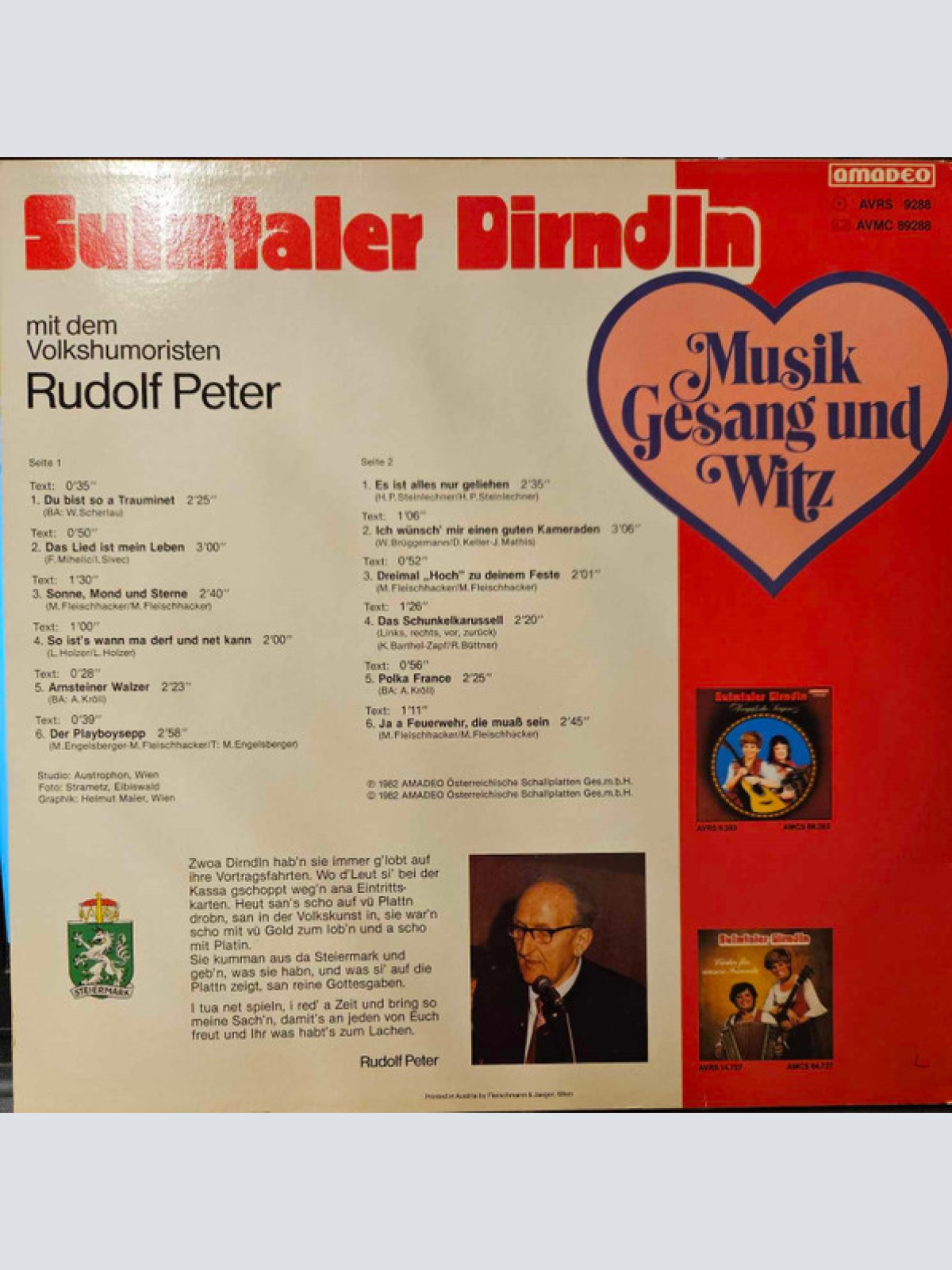 Vinyl / Sulmtaler Dirndln Mit Dem Volkshumoristen Rudolf Peter - Musik Gesang Und Witz
