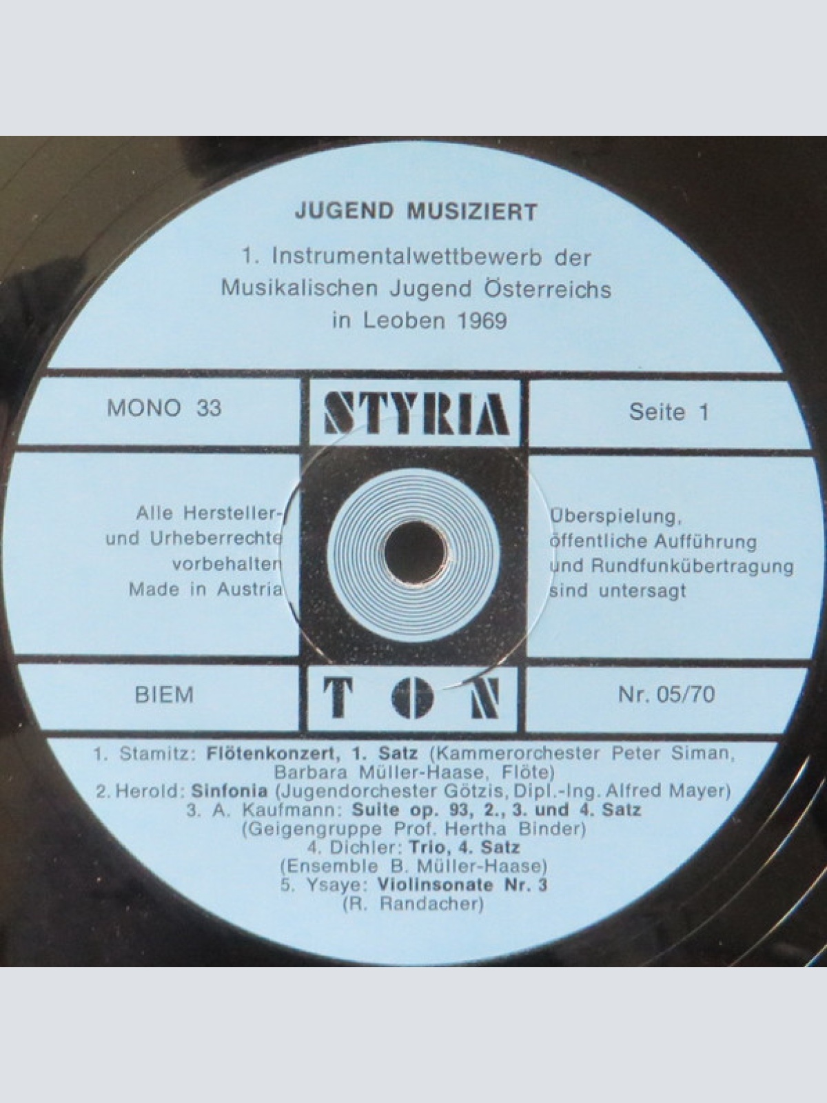 Vinyl / Various - Jugend Musiziert - 1. Instrumentalwettbewerb der Musikalischen Jugend Österreichs Leoben Oktober '69