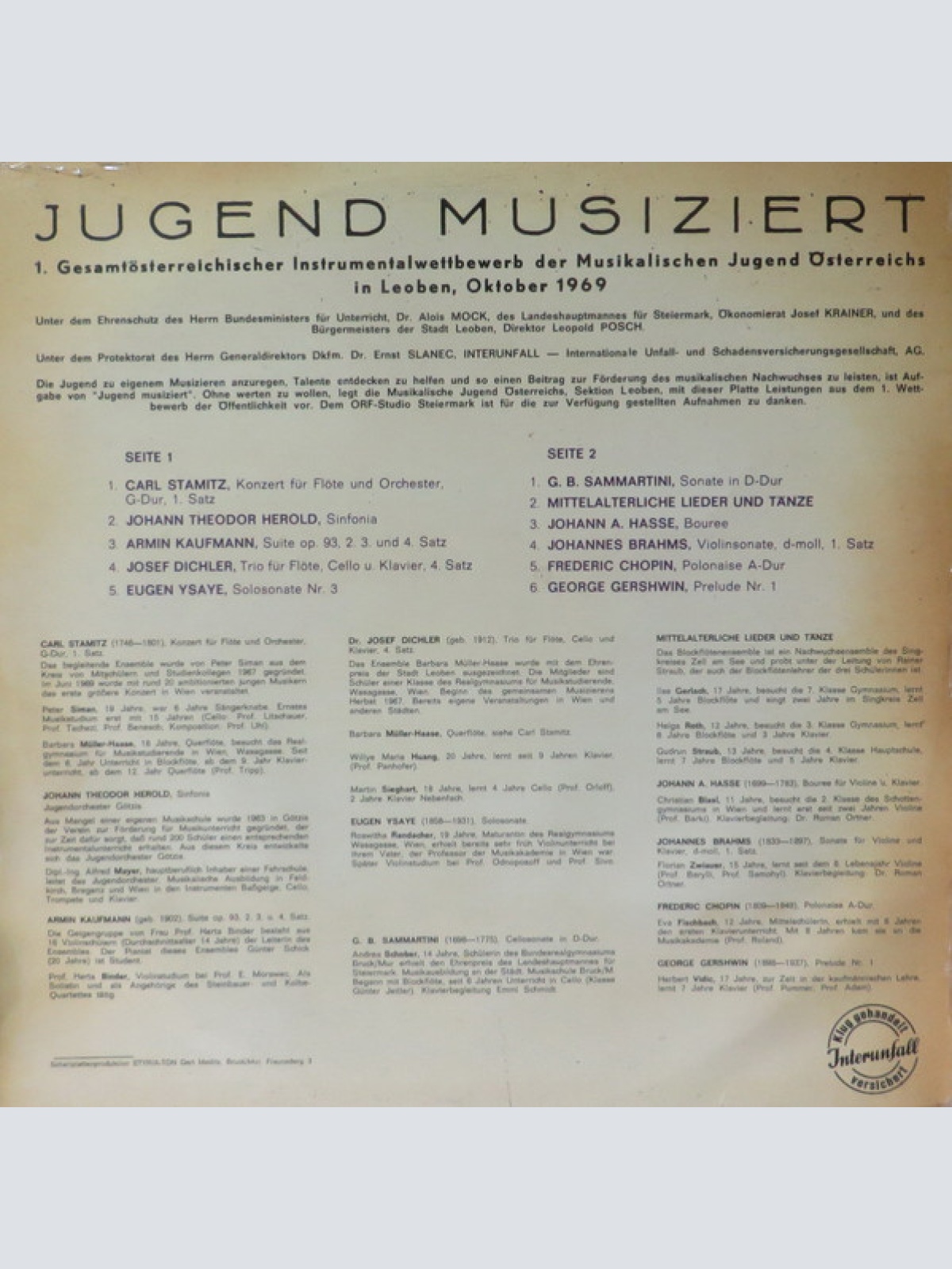 Vinyl / Various - Jugend Musiziert - 1. Instrumentalwettbewerb der Musikalischen Jugend Österreichs Leoben Oktober '69