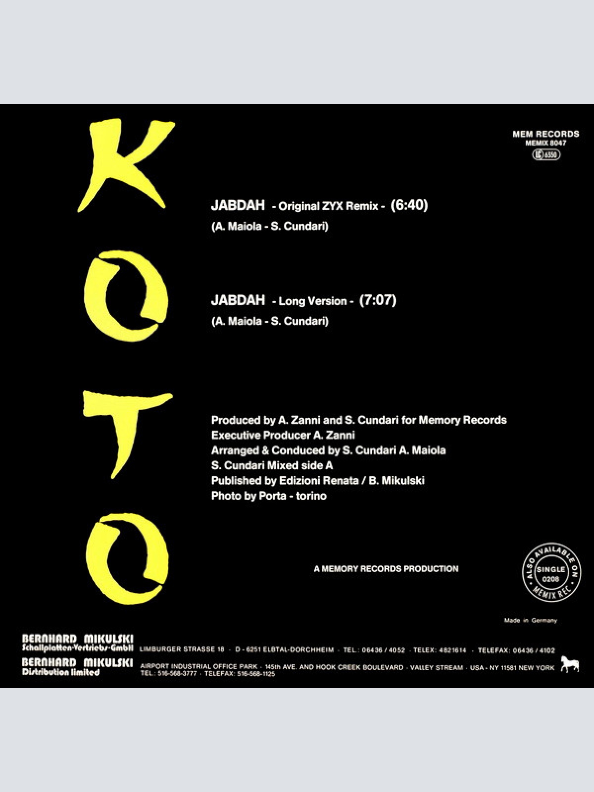 Vinyl / Koto - Jabdah (The Original ZYX Remix)