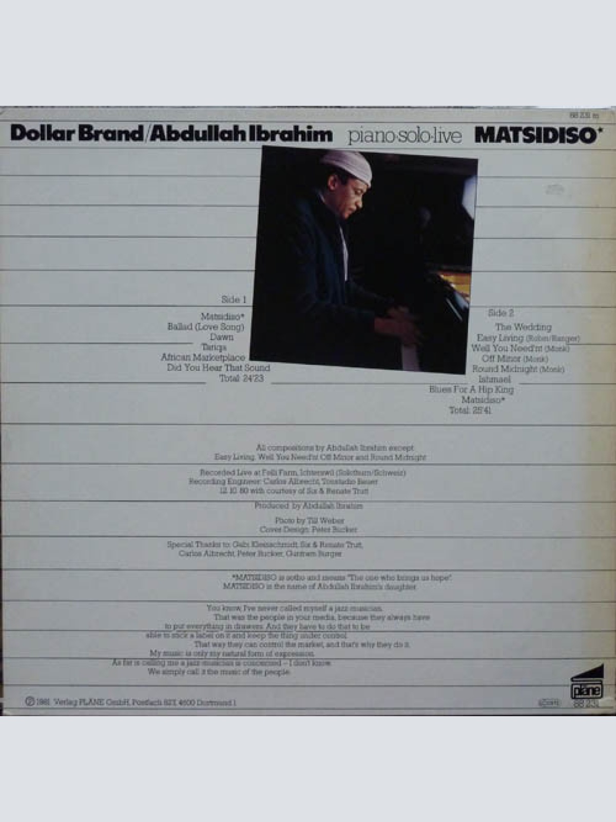Vinyl / Dollar Brand / Abdullah Ibrahim - Matsidiso (Piano Solo Live)