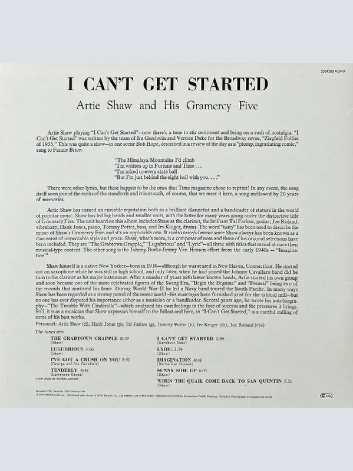 Vinyl / Artie Shaw And His Gramercy Five - I Can't Get Started...