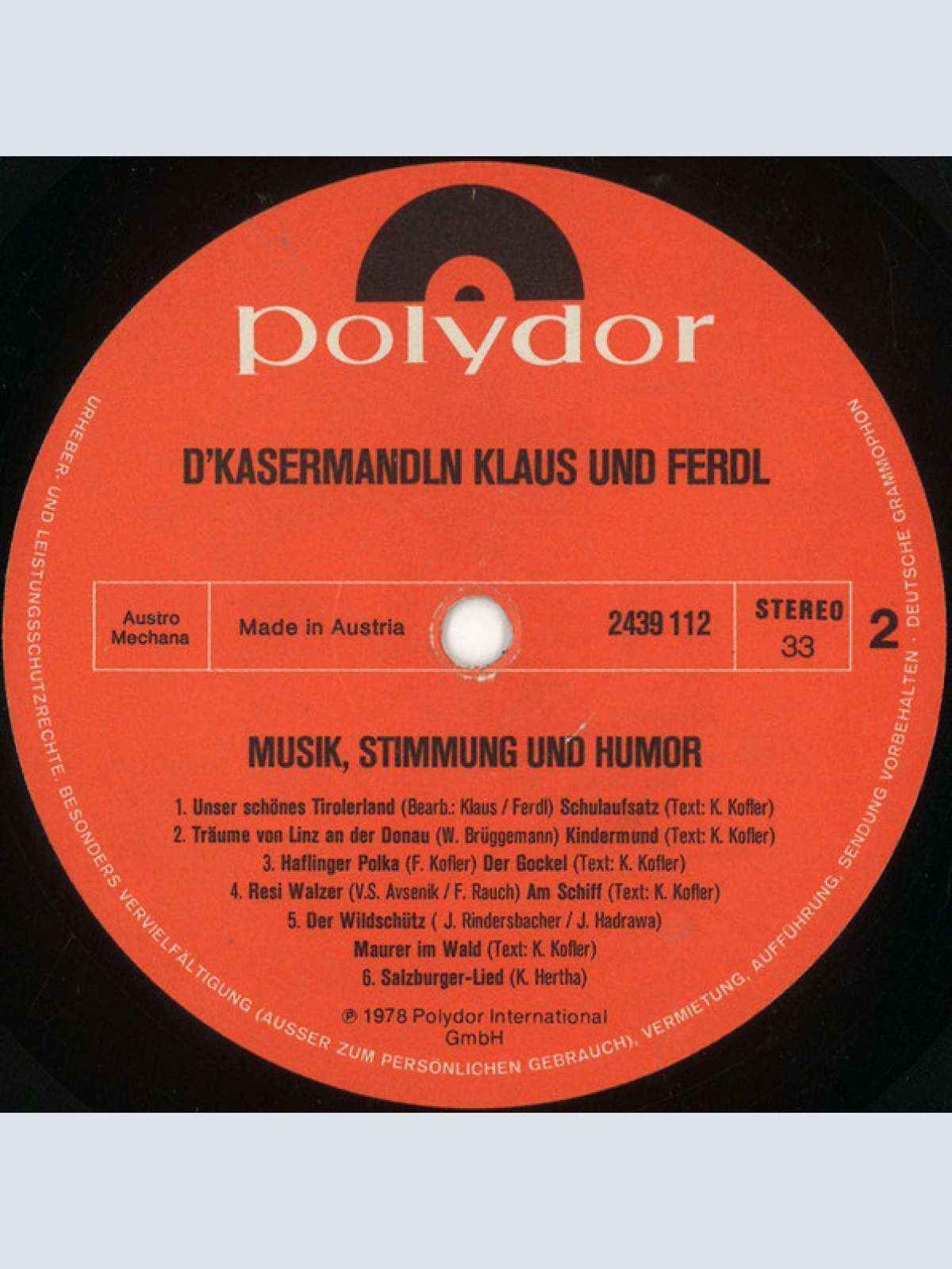 Vinyl / D'Kasermandln, Klaus Und Ferdl - Musik, Stimmung Und Humor