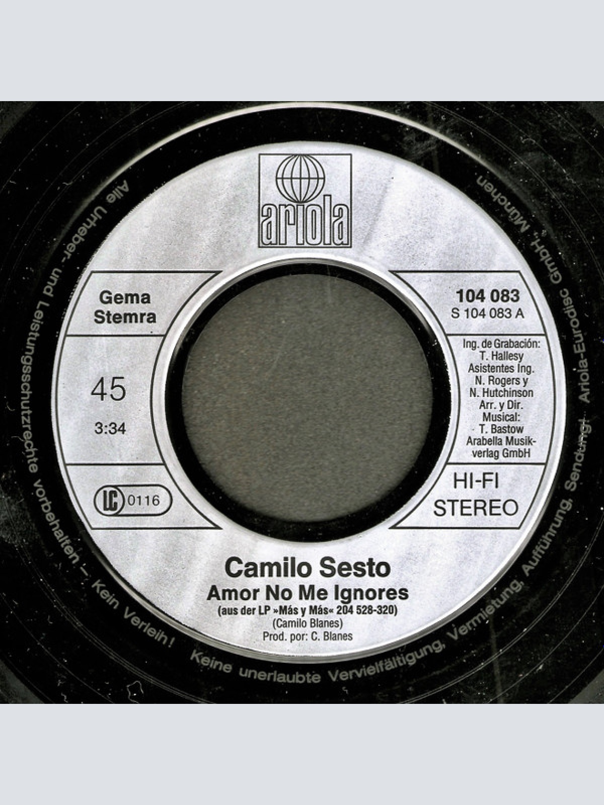 Vinyl / Camilo Sesto - Amor No Me Ignores / Que Mas Te Da