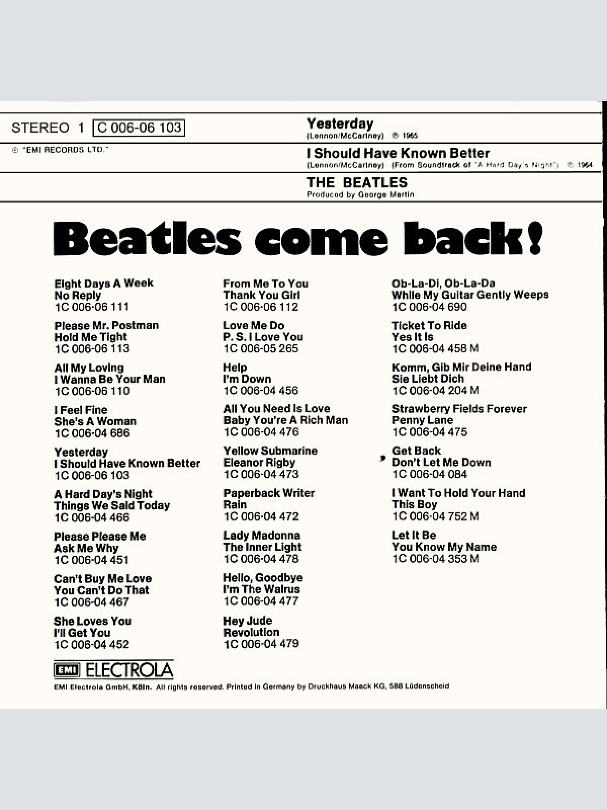 Vinyl / The Beatles - Yesterday / I Should Have Known Better