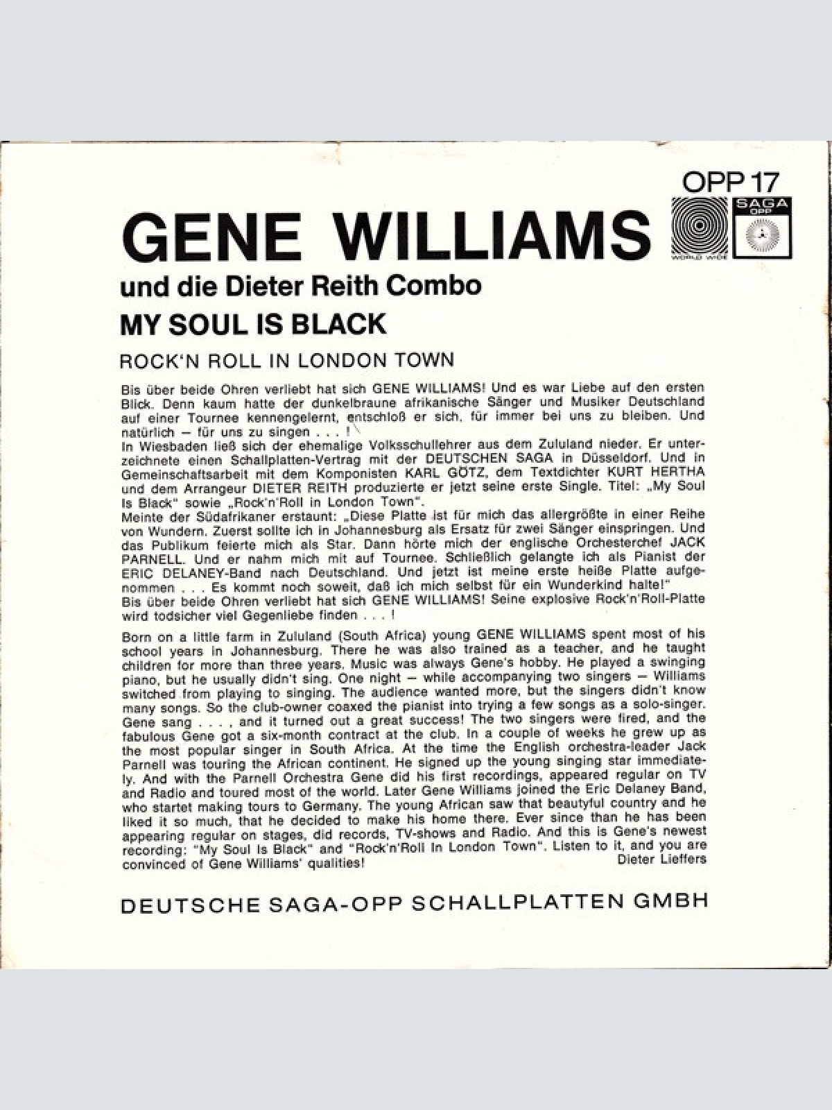 Vinyl / Gene Williams (5) Und Die Dieter Reith Combo* - My Soul Is Black