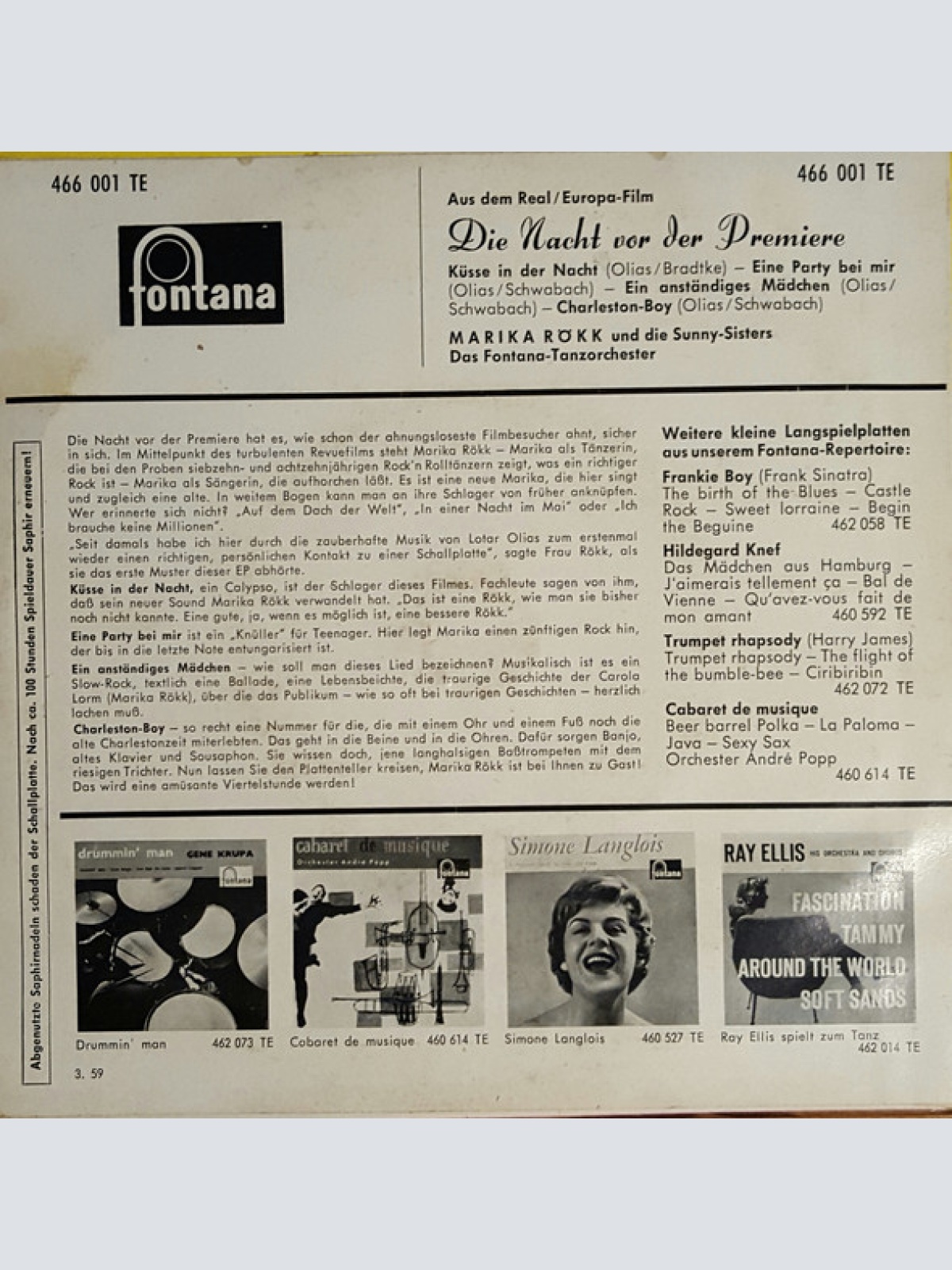 Vinyl / Marika Rökk, Sunny-Sisters, Das Fontana-Tanzorchester - Die Nacht Vor Der Premiere