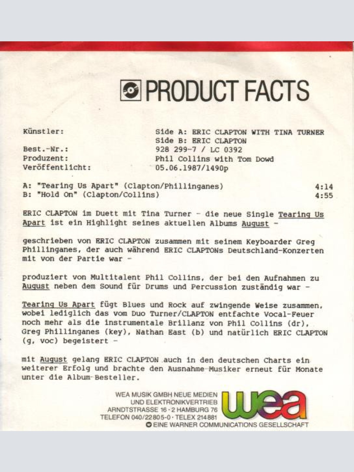 Vinyl / Eric Clapton with Tina Turner - Tearing Us Apart