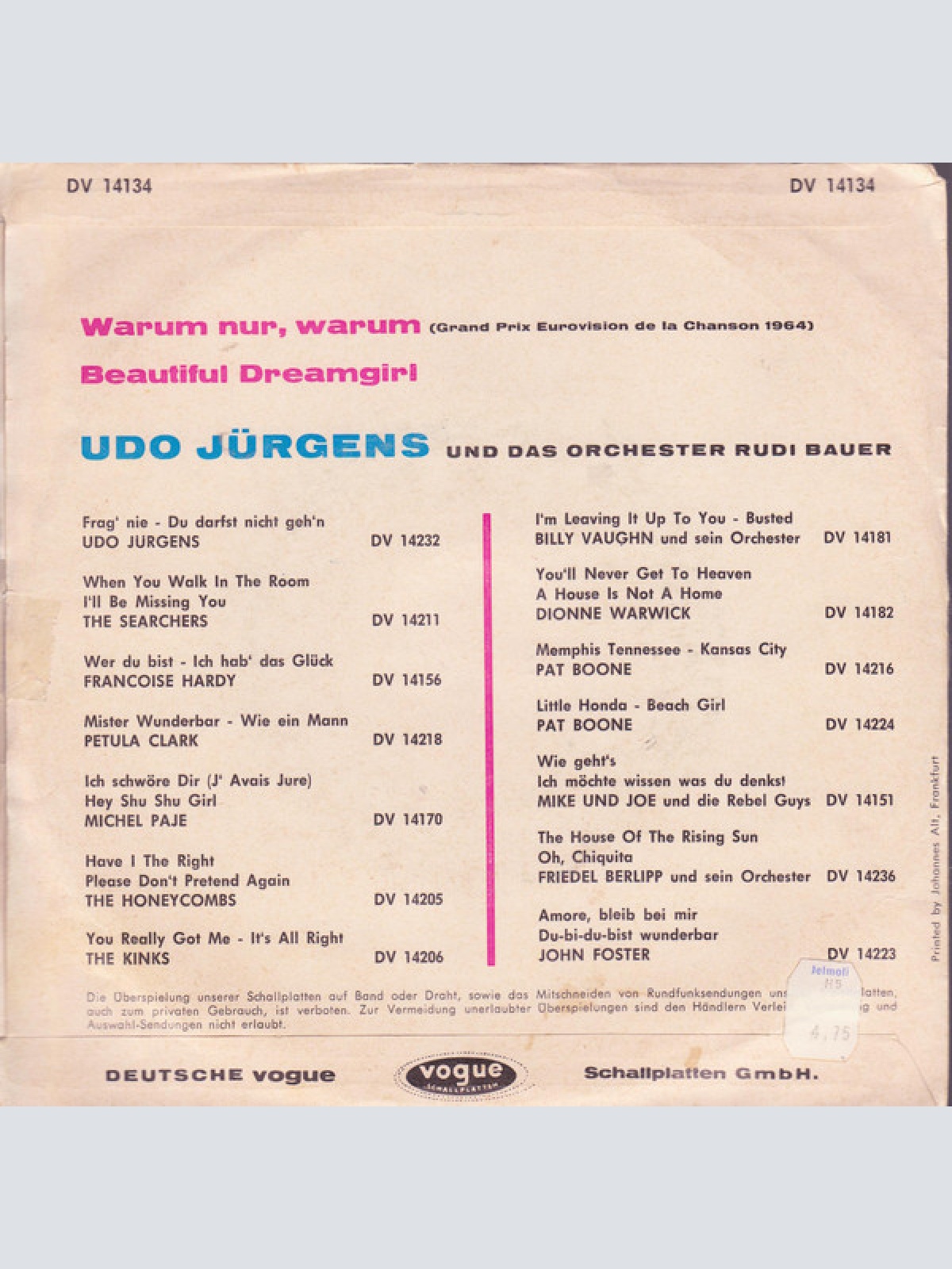 Vinyl / Udo Jürgens - Warum Nur, Warum / Beautiful Dreamgirl