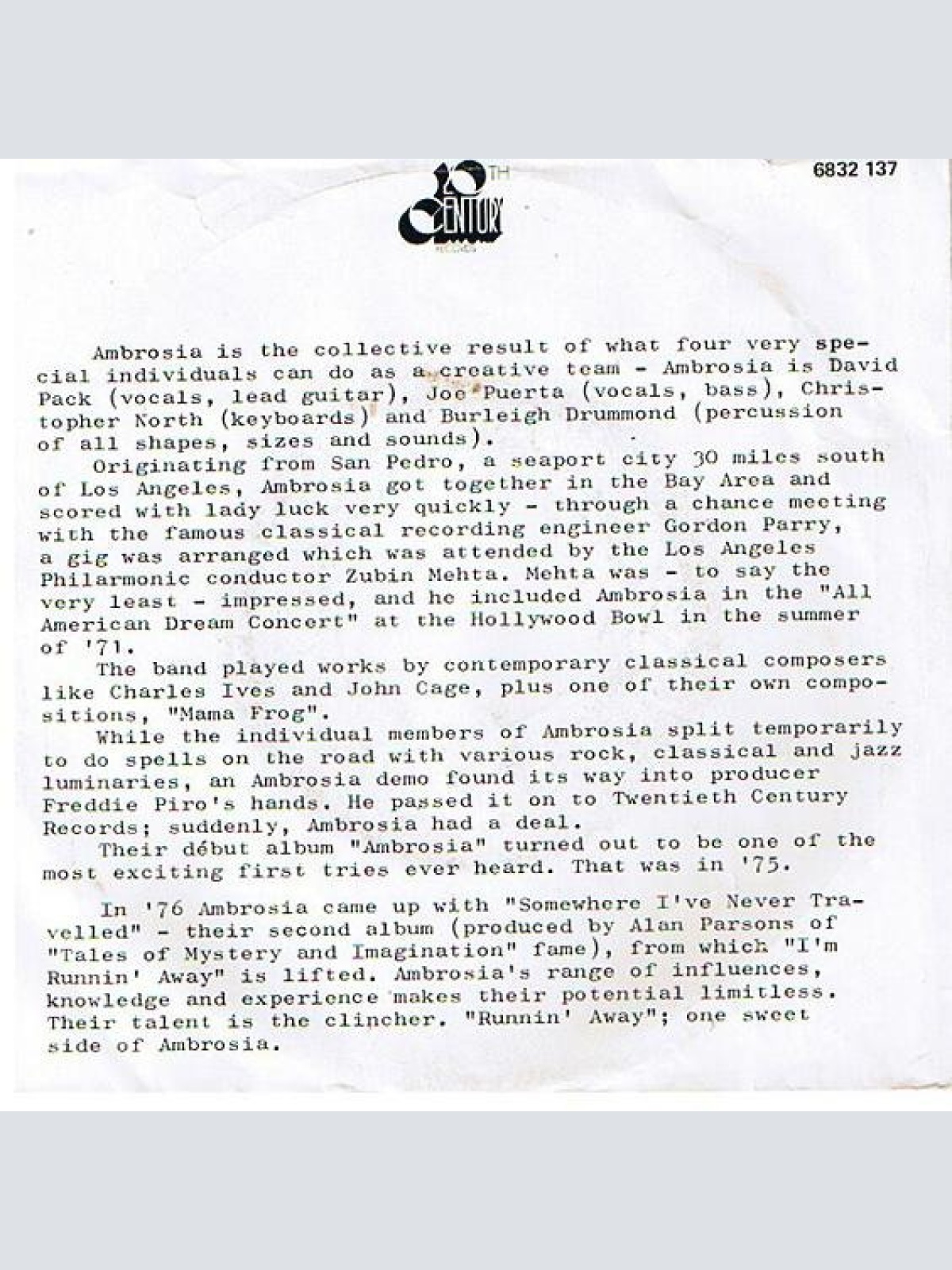 Vinyl / Ambrosia (2) - Running Away / Magical Mystery Tour