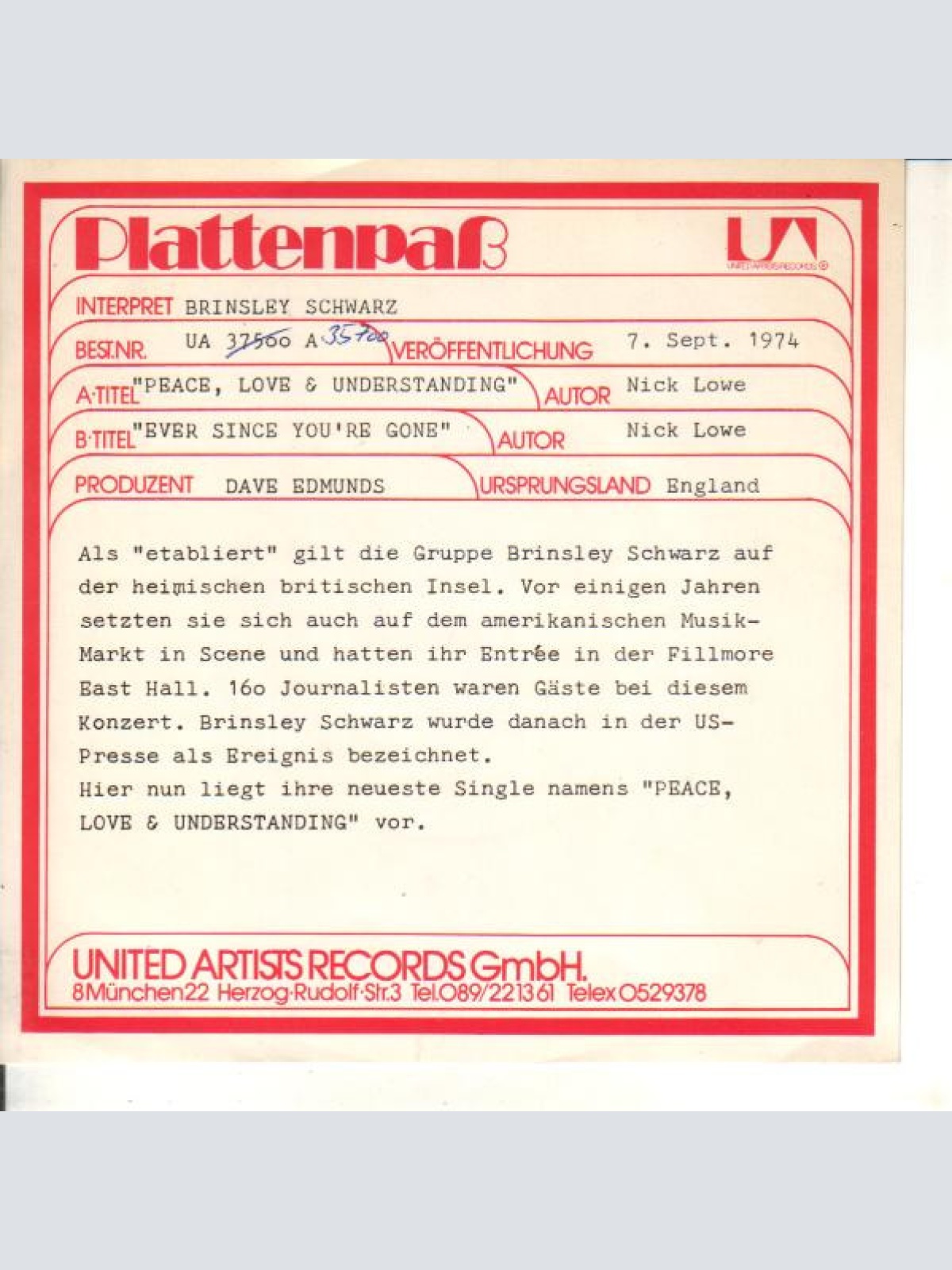 Vinyl / Brinsley Schwarz - (What's So Funny 'Bout) Peace, Love And Understanding / Ever Since You're Gone