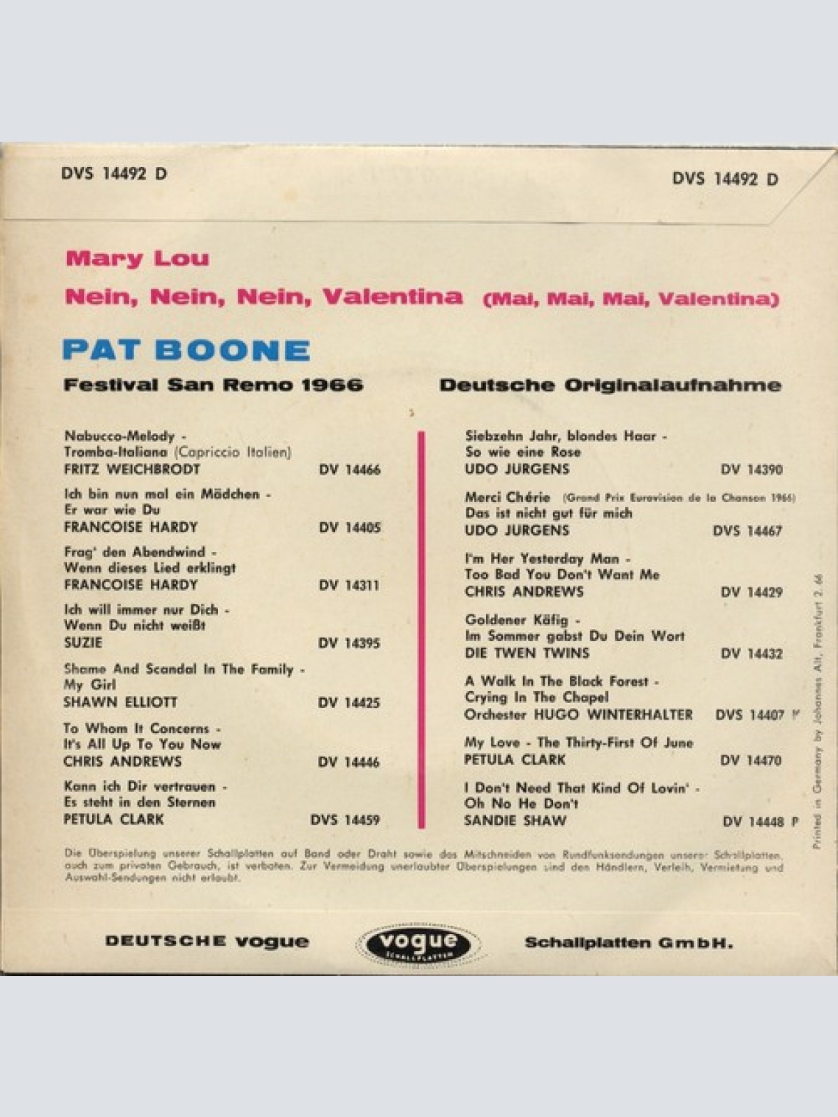 Vinyl / Pat Boone - Mary Lou / Nein, Nein, Nein, Valentina (Mai, Mai, Mai Valentina)