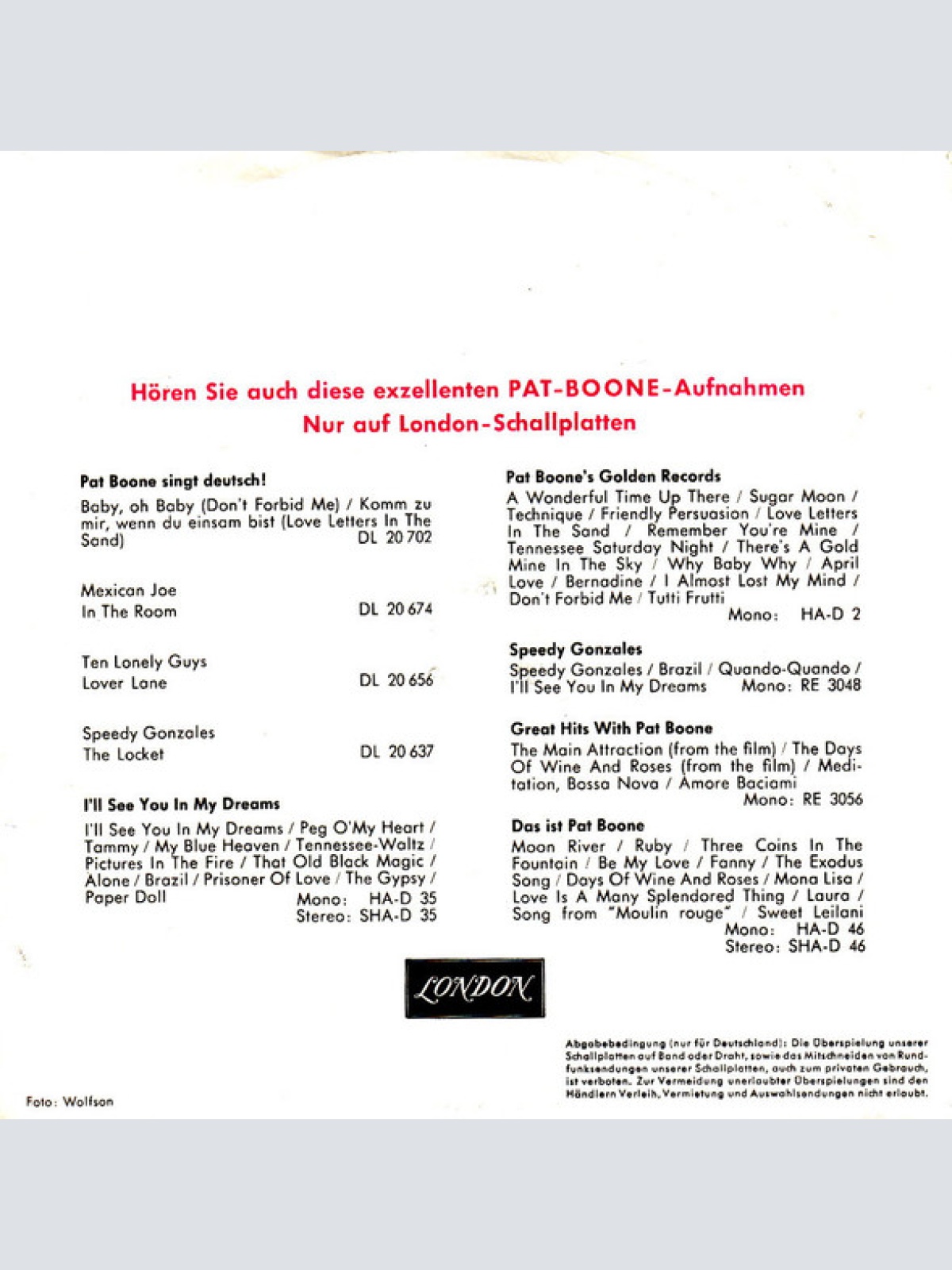 Vinyl / Pat Boone - Rosmarie / Ein Goldener Stern